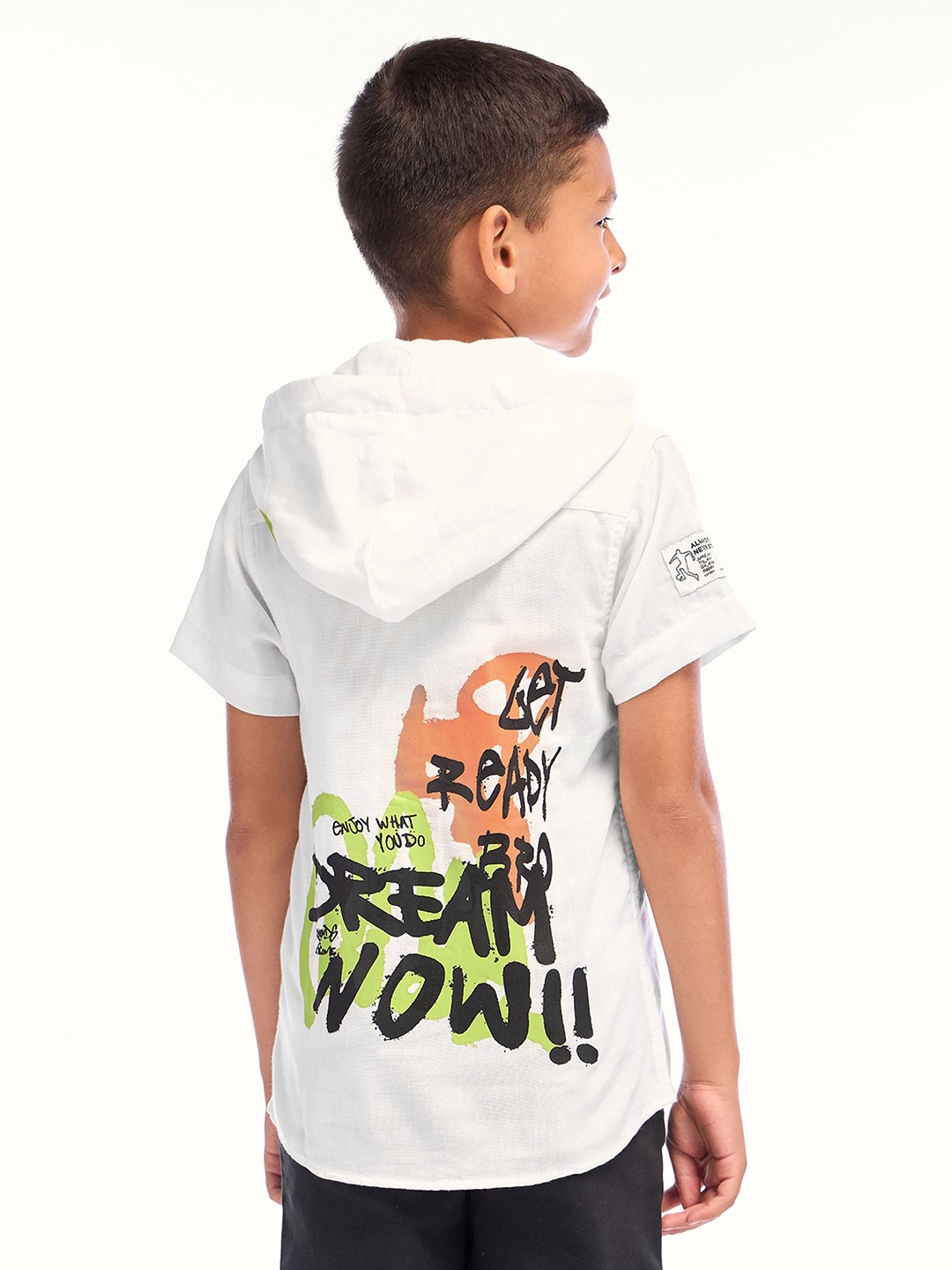 

NO MONDAYS Boys Pure Cotton Typography Printed Hooded Short Sleeve Shirt, White