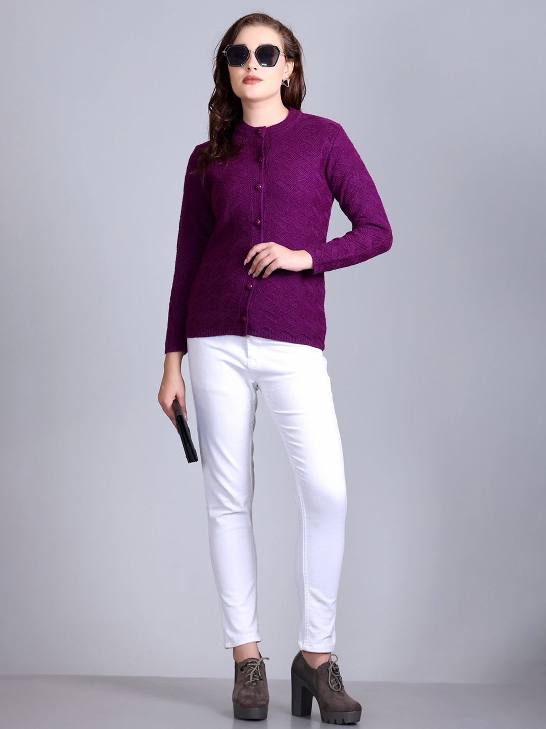 

Winter Wonders Women Cable Knit Woollen Cardigan, Purple