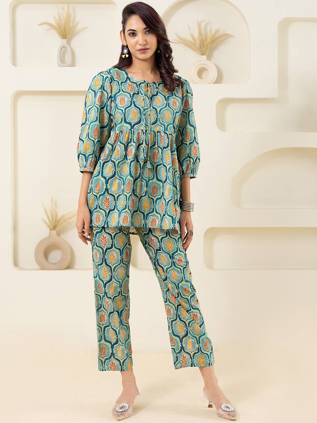 

GULABOSITABO Floral Printed Pure Cotton Tunic With Trousers, Sea green