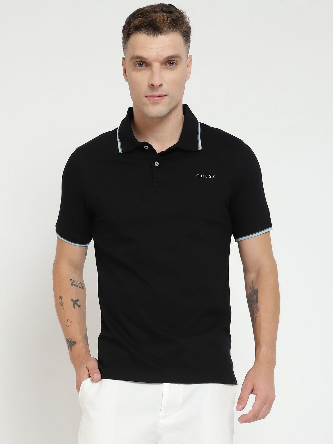 

GUESS Men Polo Collar Extended Sleeves Pockets Slim Fit T-shirt, Black