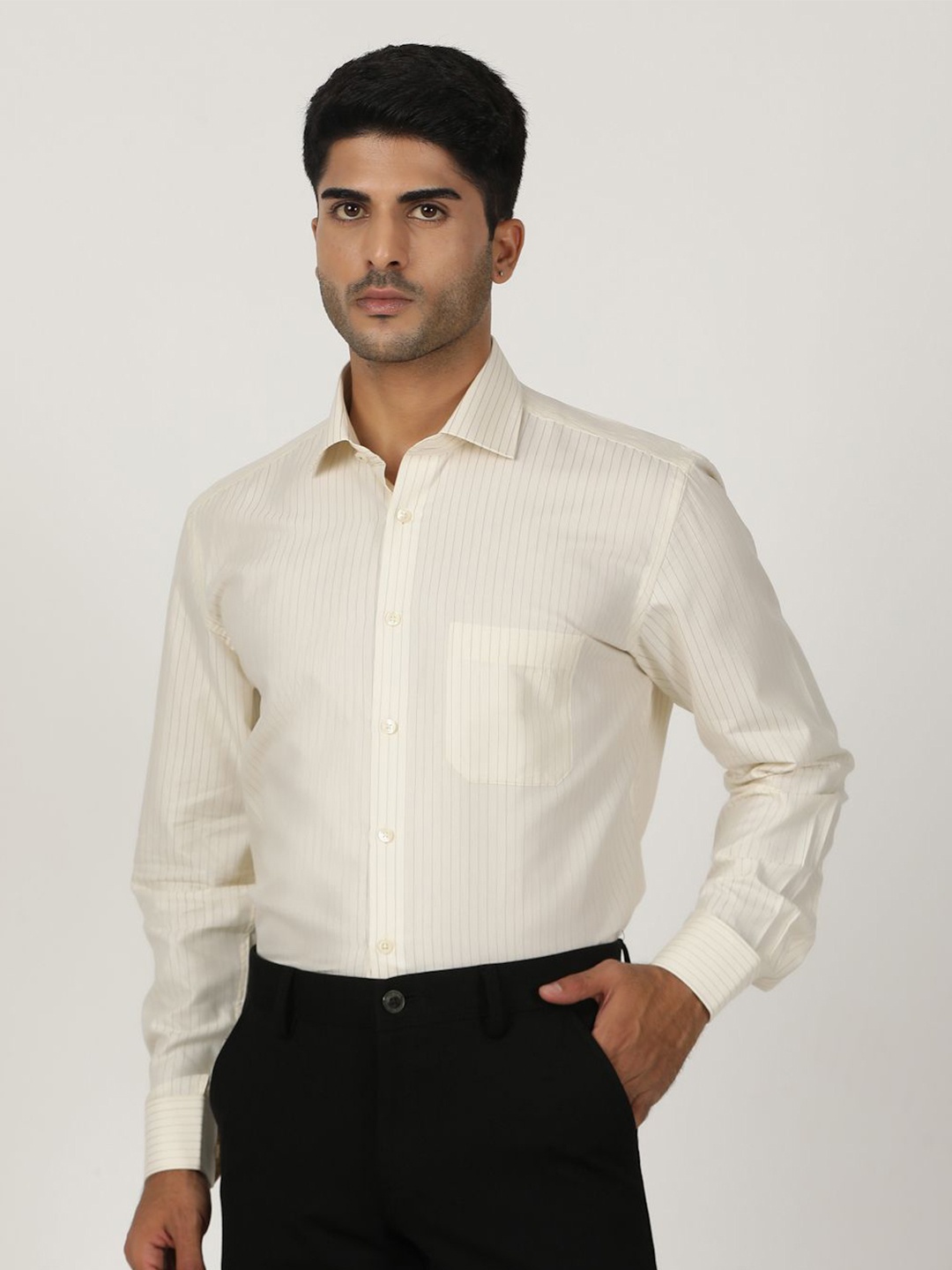 

Greenfibre Men Opaque Striped Formal Shirt, Yellow