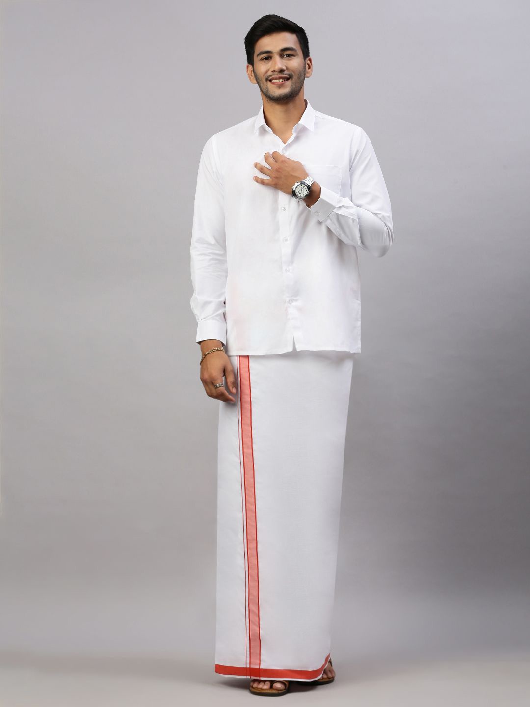 

Ramraj Men Solid Formal Cotton Blend Shirt with Dhoti, White