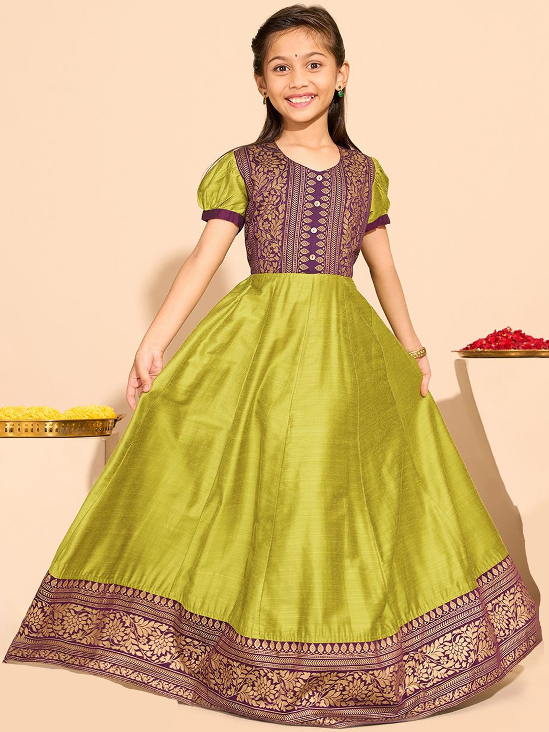 

Maybell Girls Floral Printed A-Line Silk Ethnic Dress, Green