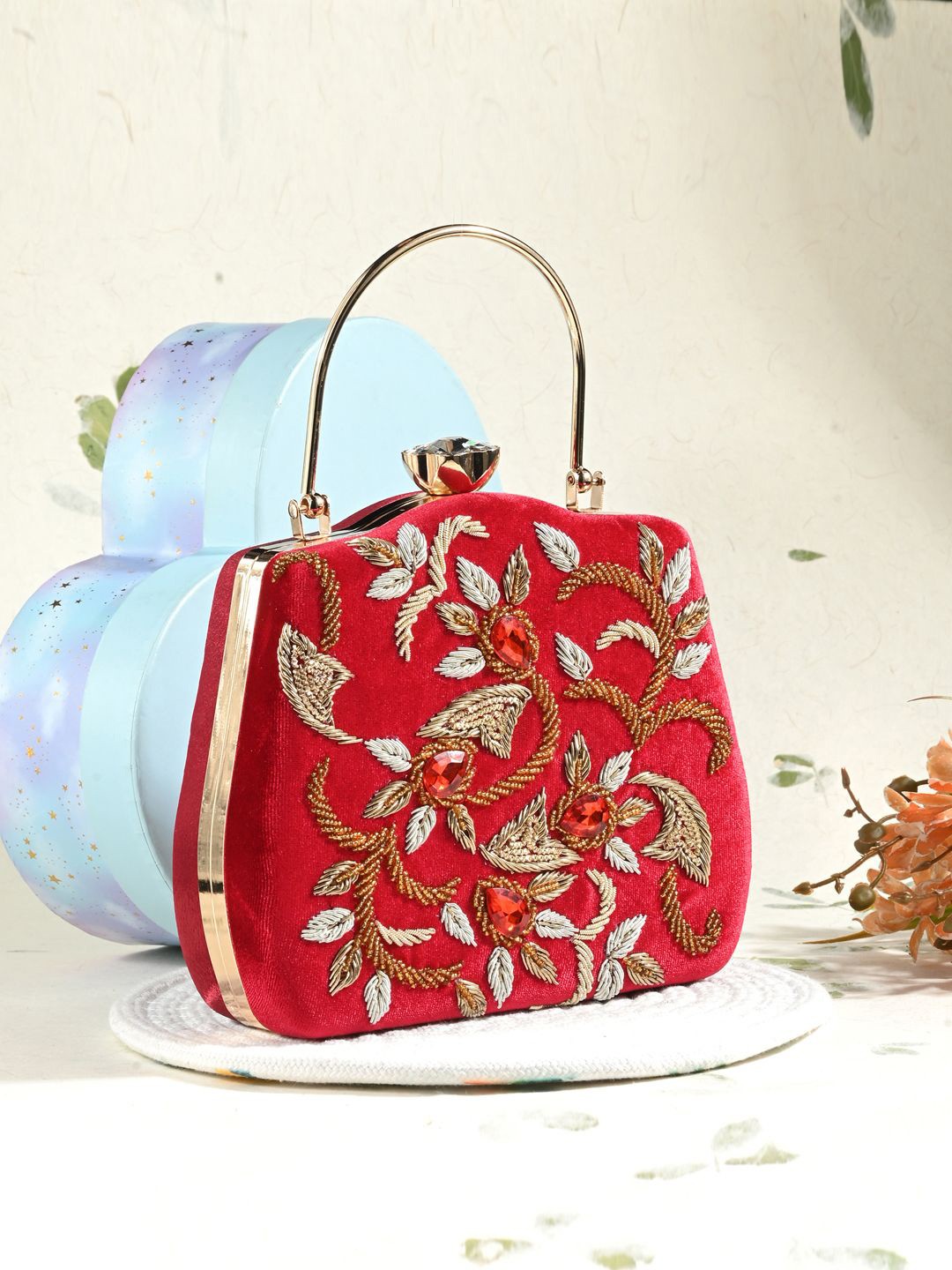 

Toobacraft Embellished Box Clutch, Red