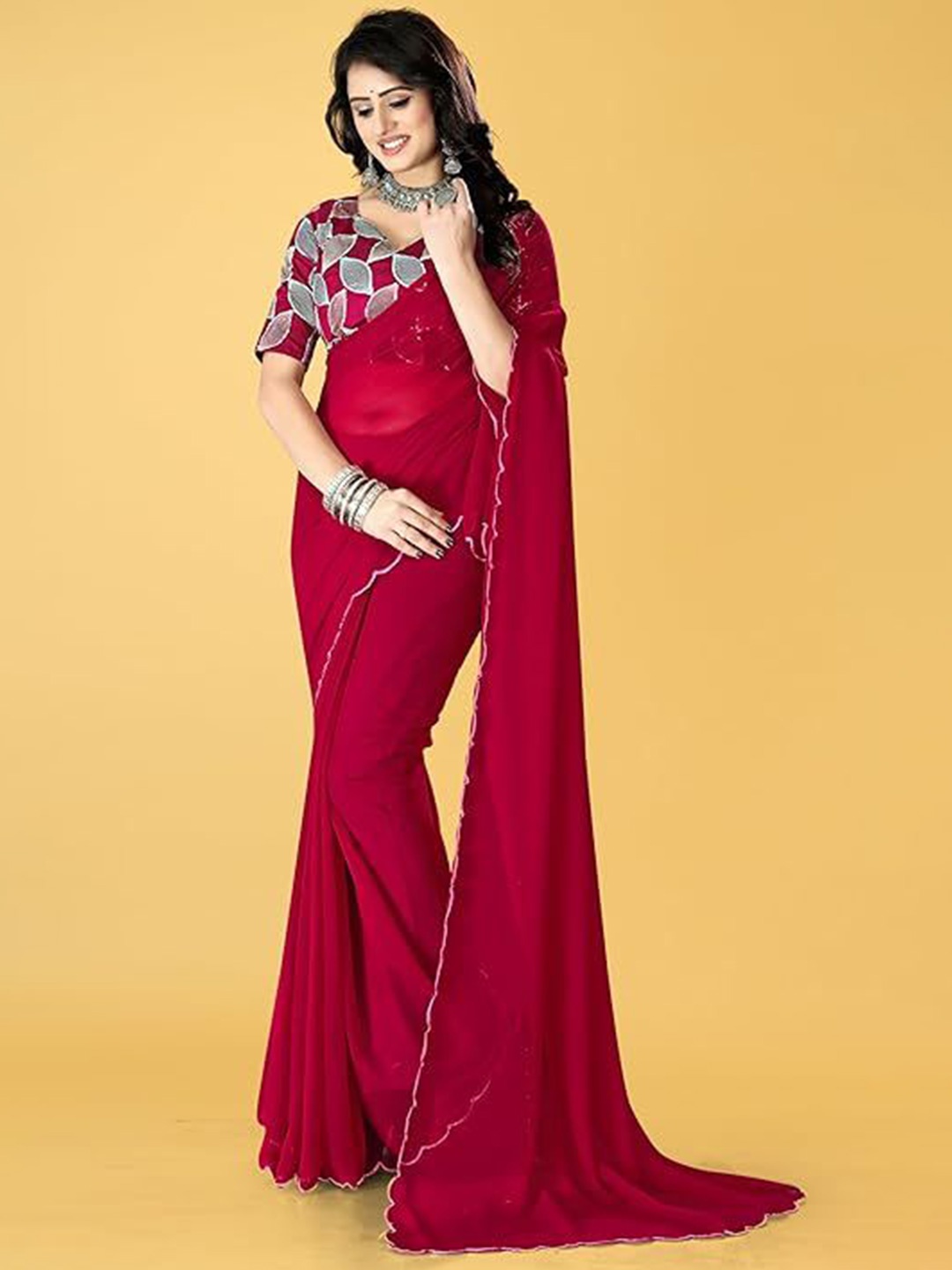 

SWADESI STUFF Embellished Embroidered Pure Georgette Saree, Red