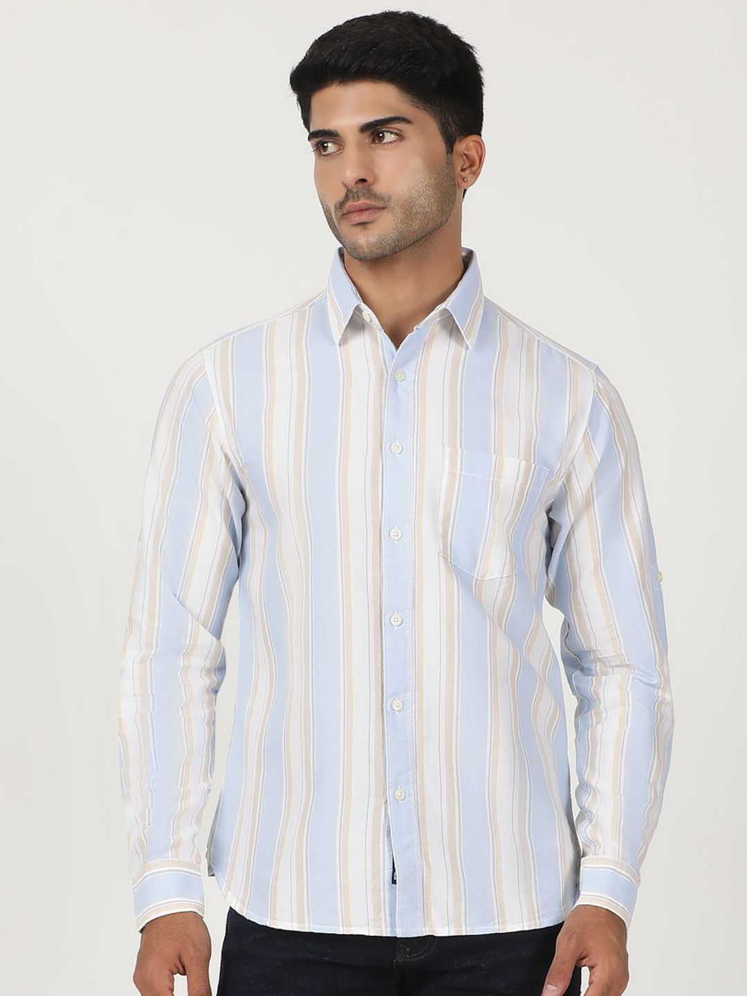 

Greenfibre Men Slim Fit Opaque Striped Casual Shirt, Blue
