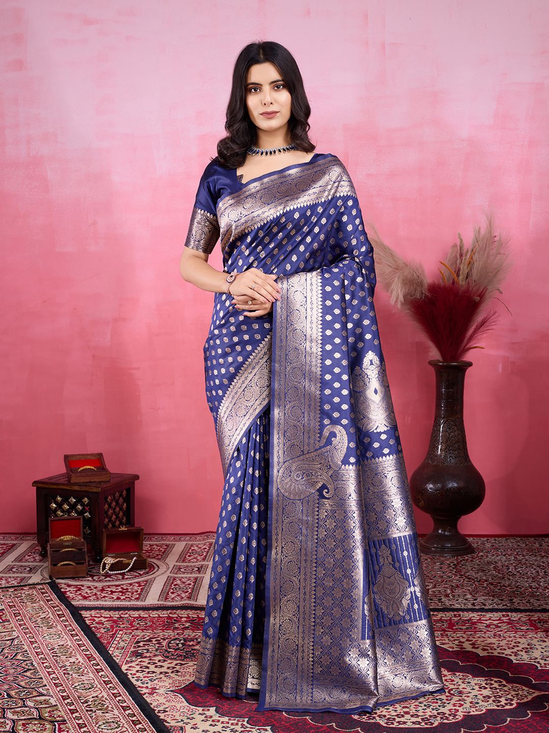 

KALINI Ethnic Motifs Zari Pure Silk Handloom Banarasi Saree, Blue