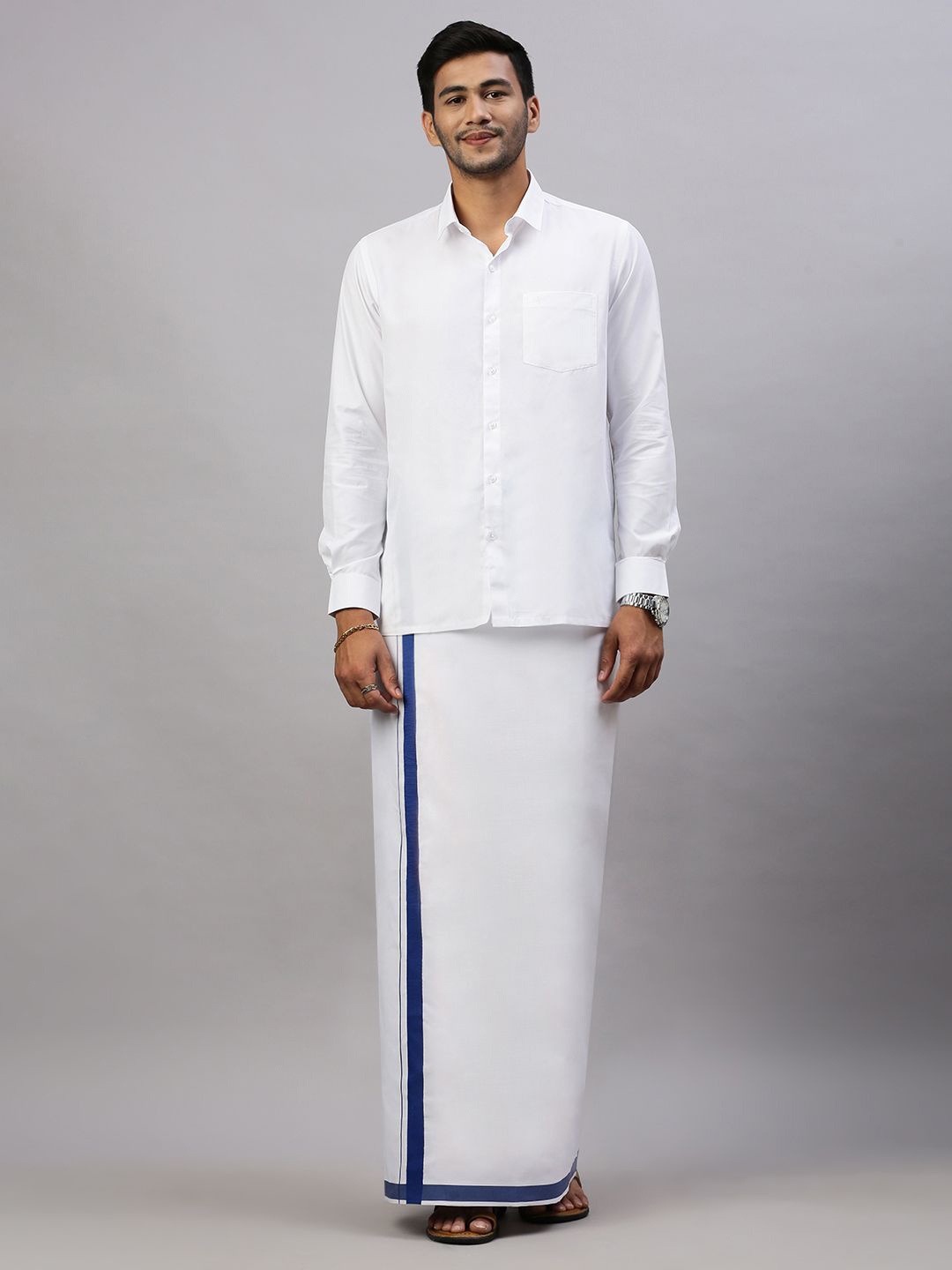 

Ramraj Men Solid Formal Cotton Blend Shirt with Dhoti, White