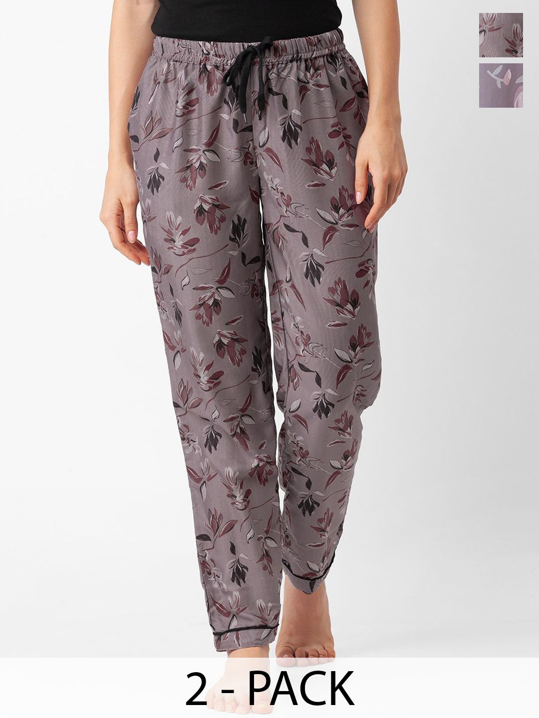 

FashionRack Women Pack Of 2 Printed Mid-Rise Lounge Pants, Grey melange