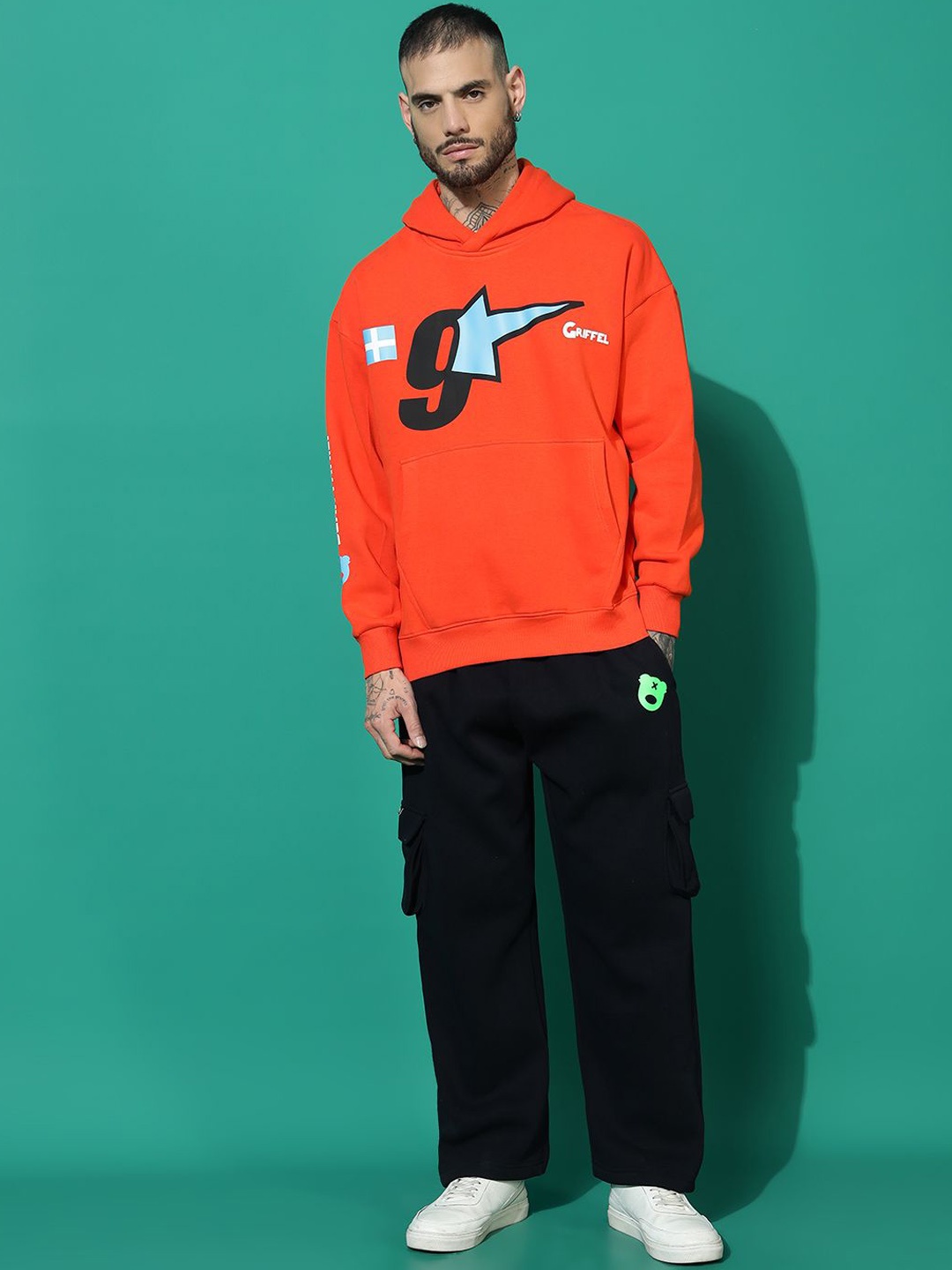 

GRIFFEL Men Printed Oversized Hooded Tracksuits, Orange
