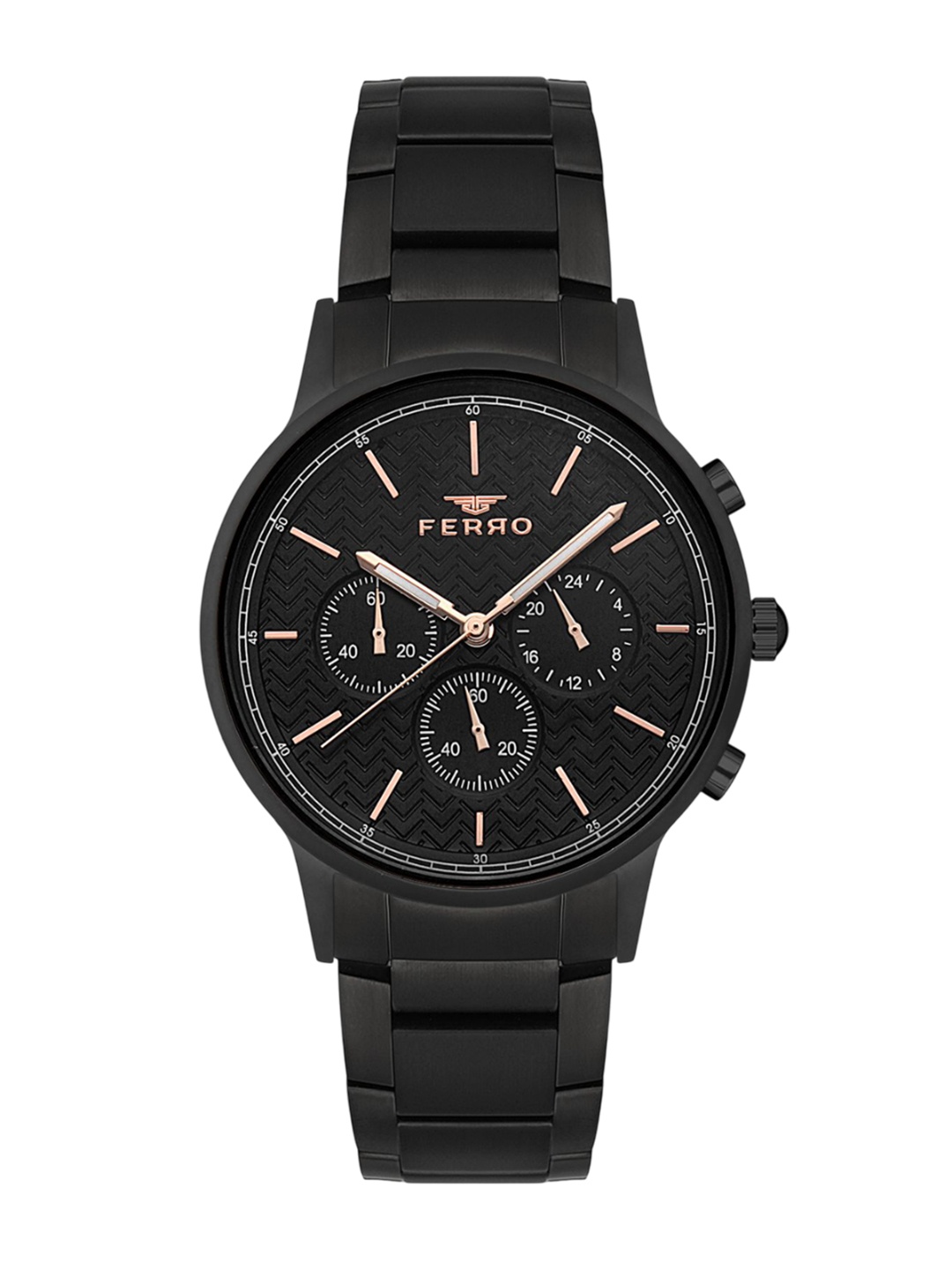 

Ferro Men Brass Dial & Stainless Steel Bracelet Style Straps Analogue Chronograph Watch FM11151A-G, Black