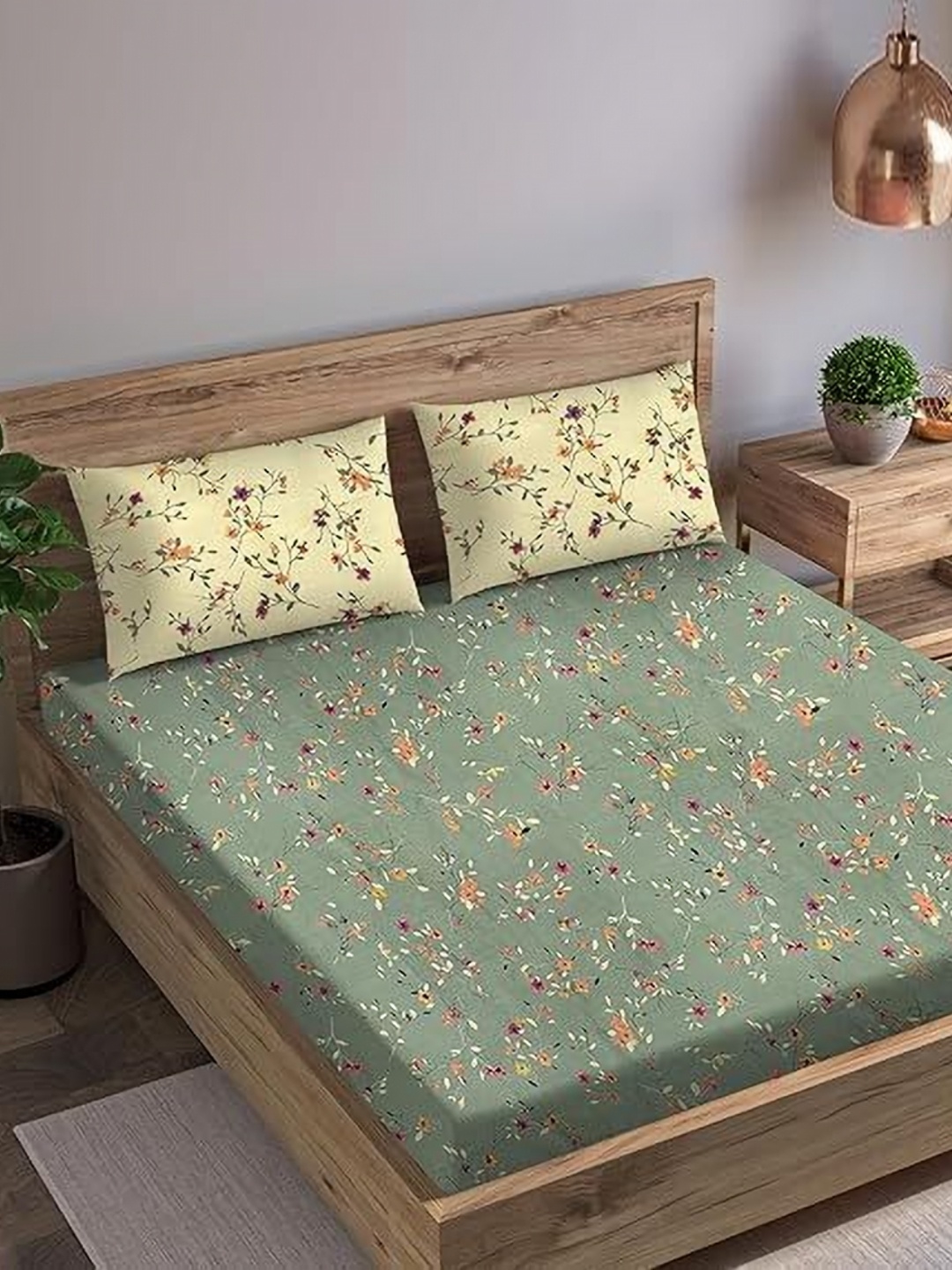 

Trance Home Linen Green & Yellow Floral 180 TC Single Bedsheet with 1 Pillow Covers