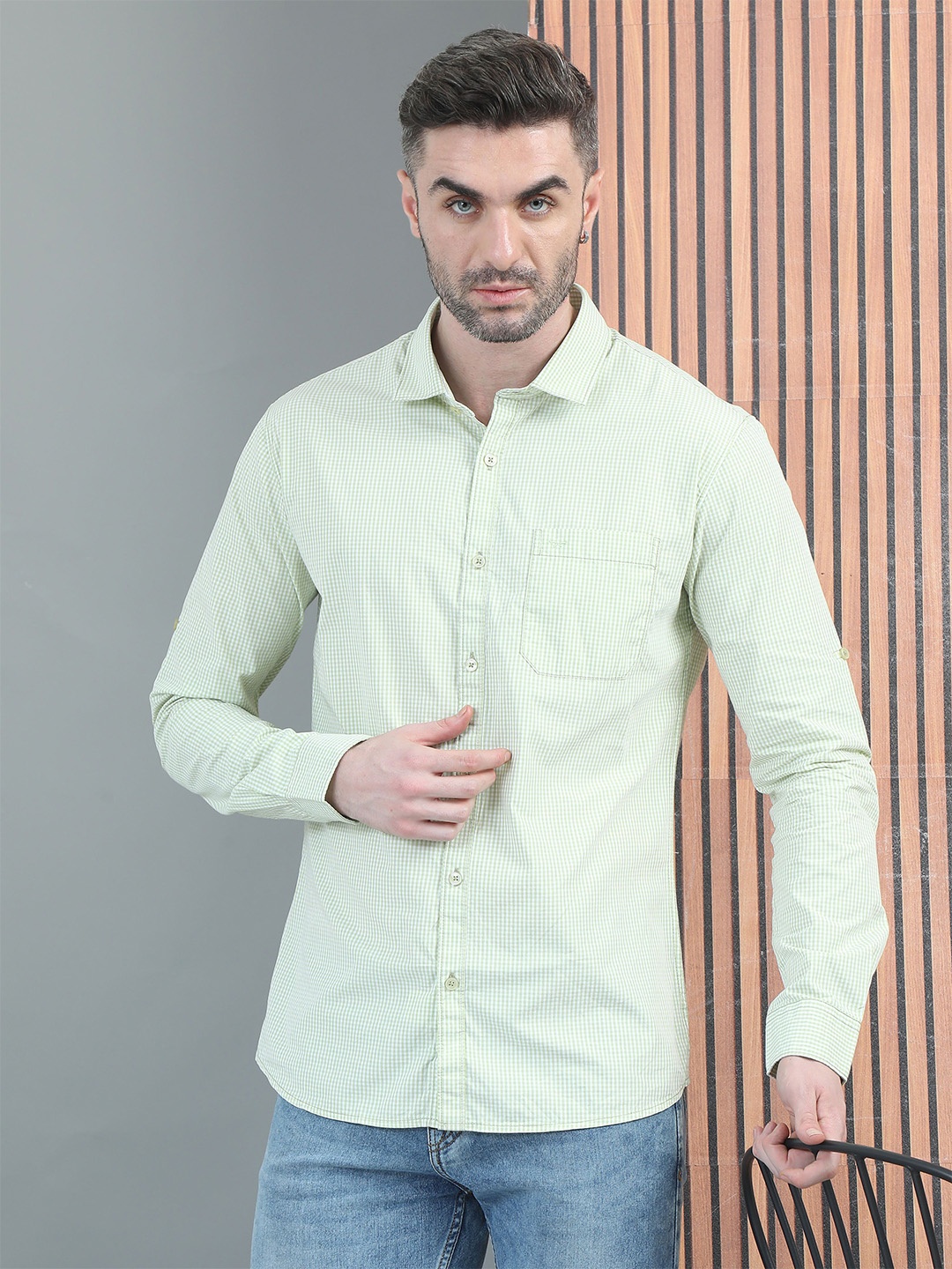 

RIGS AND RAGS Men Classic Micro Checks Opaque Checked Casual Shirt, Green