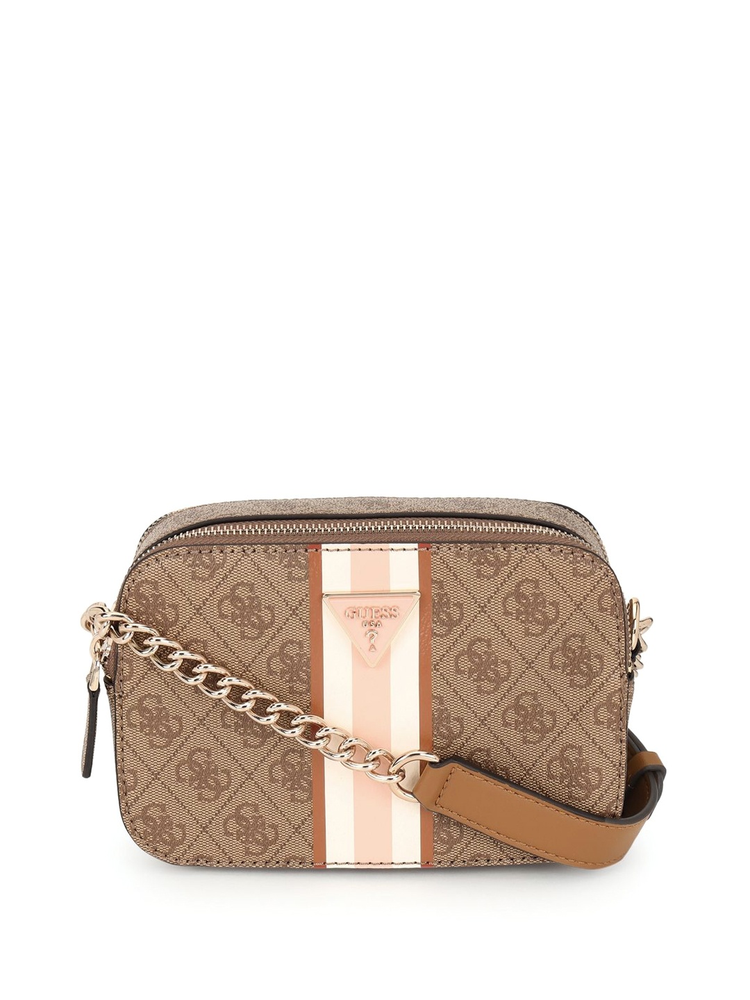 

GUESS Printed PU Structured Shoulder Bag with Cut Work, Brown