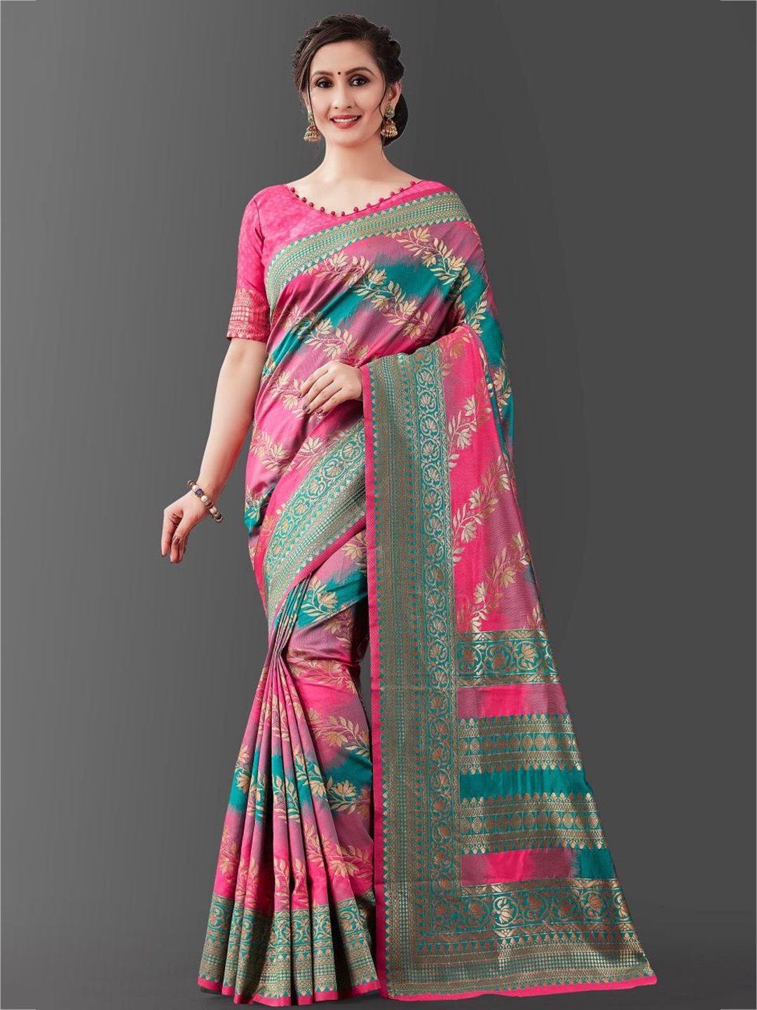 

Wuxi Floral Woven Design Zari Pure Silk Banarasi Ready to Wear Saree, Pink