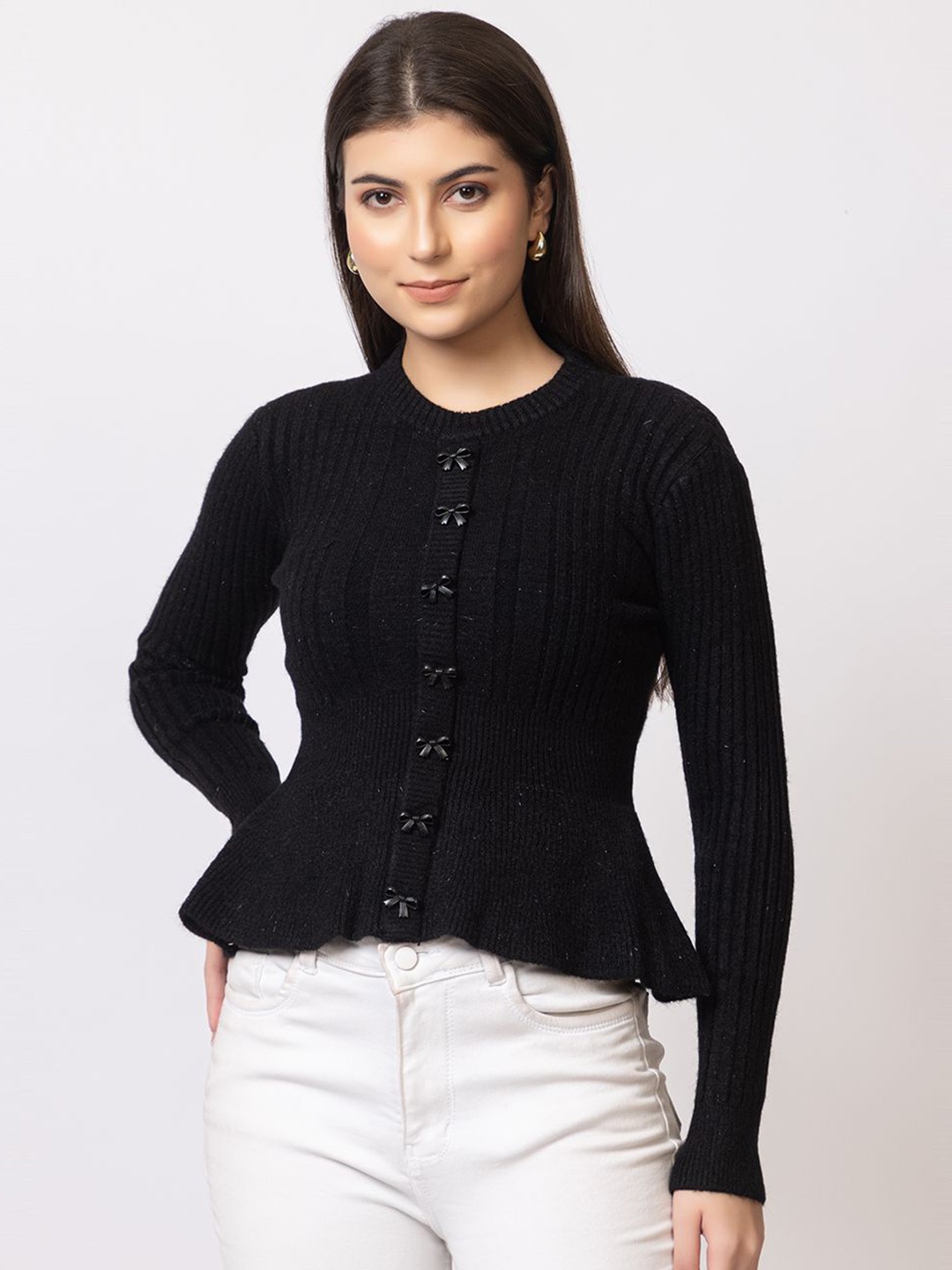

Antiloop Women Striped Woollen Cardigan, Black