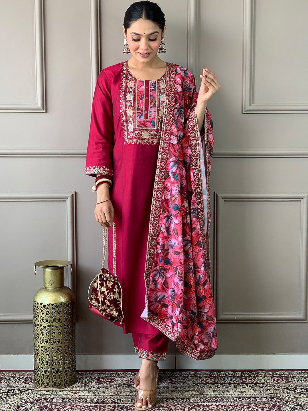 

Lilots Women Embroidered Regular Kurta with Trousers & With Dupatta, Pink