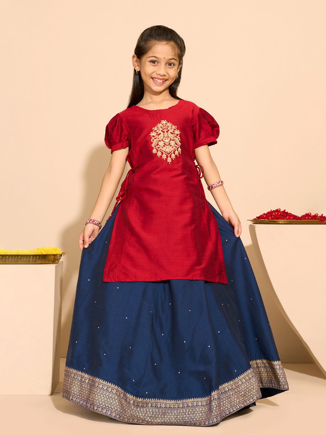 

Maybell Girls Embroidered Ready to Wear Lehenga &, Red