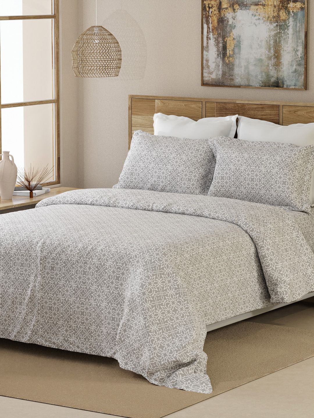 

Layers Grey & White Ethnic Motifs 144 TC Queen Bedsheet with 2 Pillow Covers