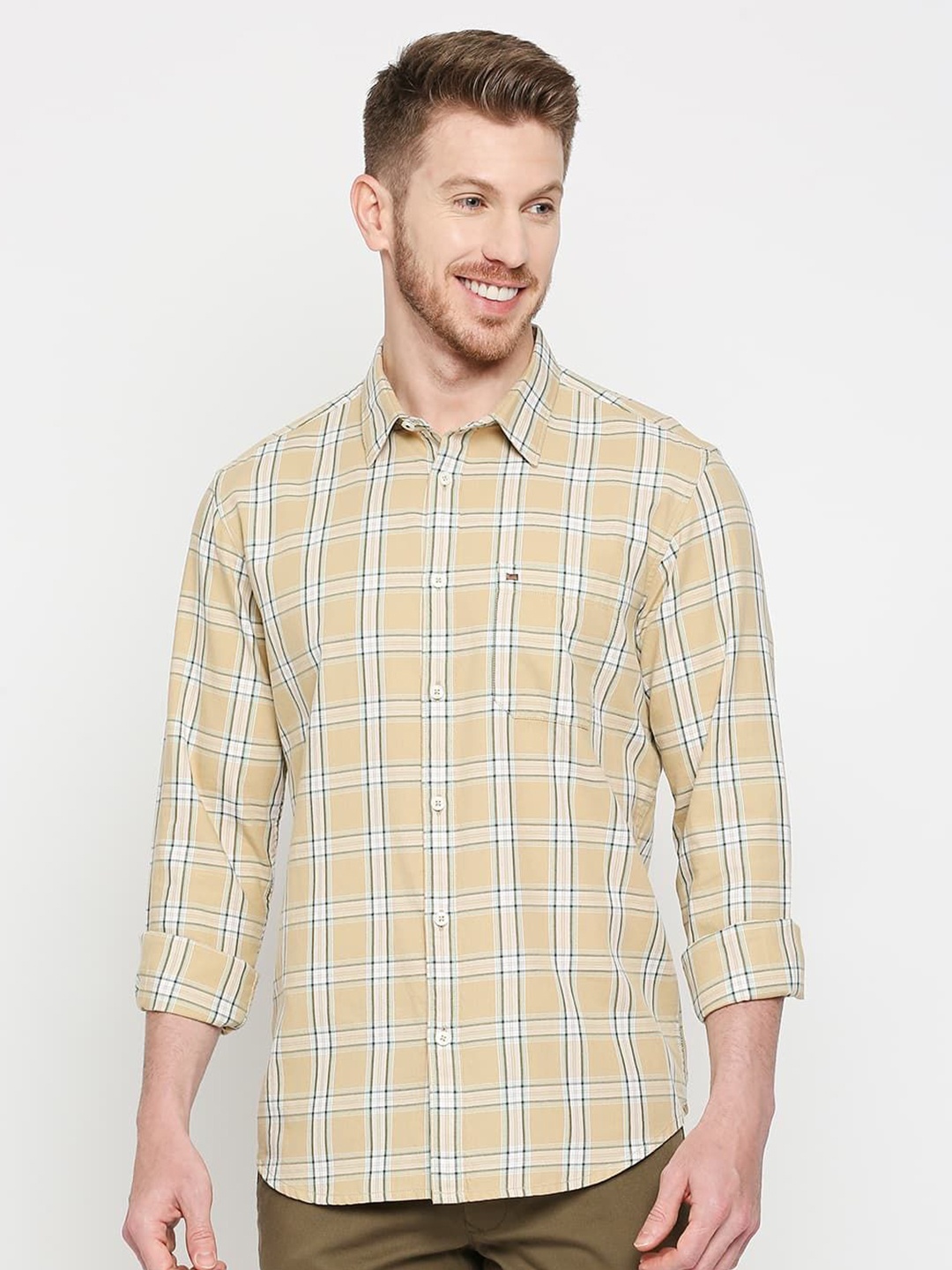 

Basics Men Slim Fit Shepherd Checks Opaque Checked Casual Shirt, Beige