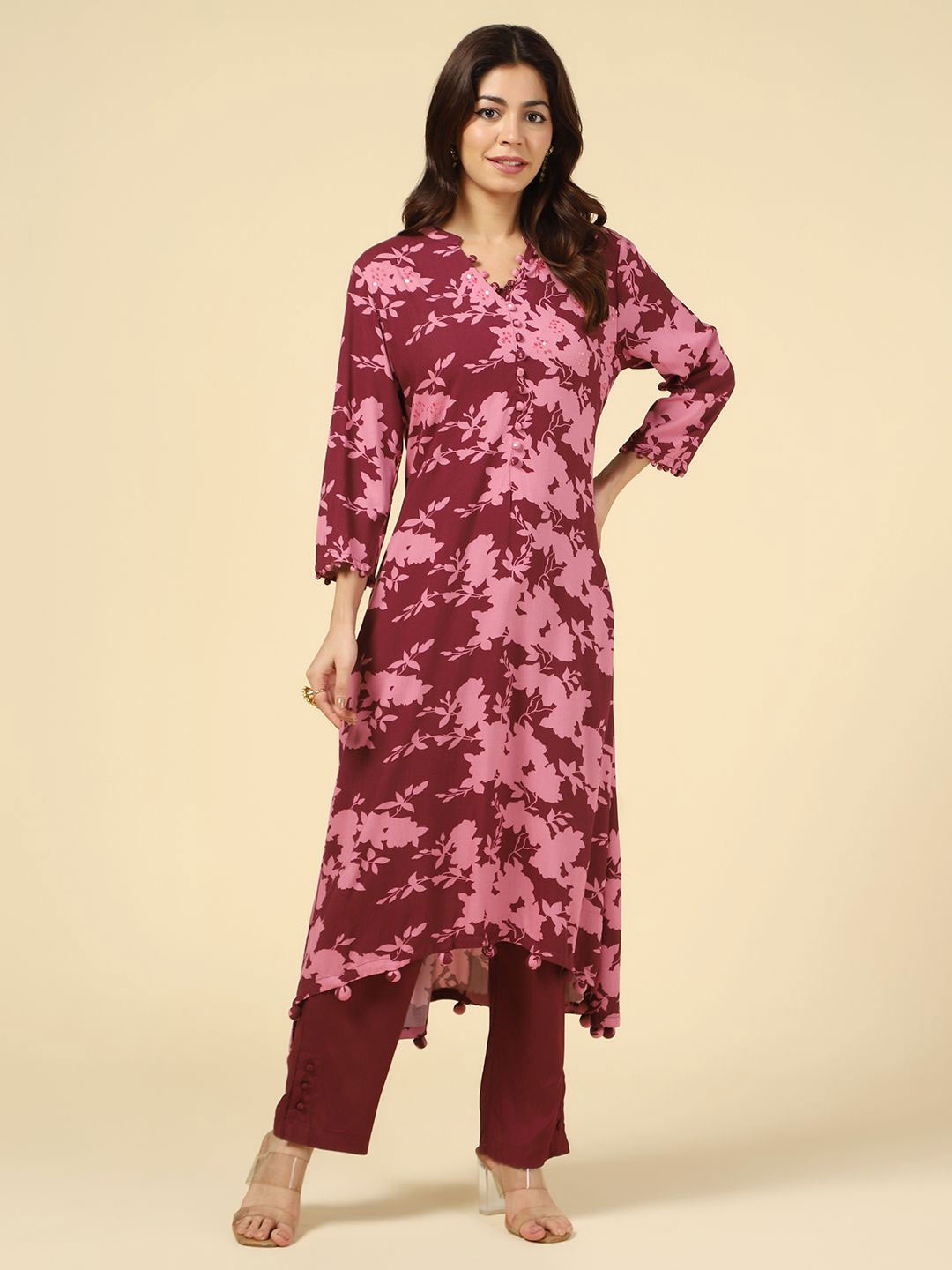 

Mustard Printed High Low Kurtas, Maroon
