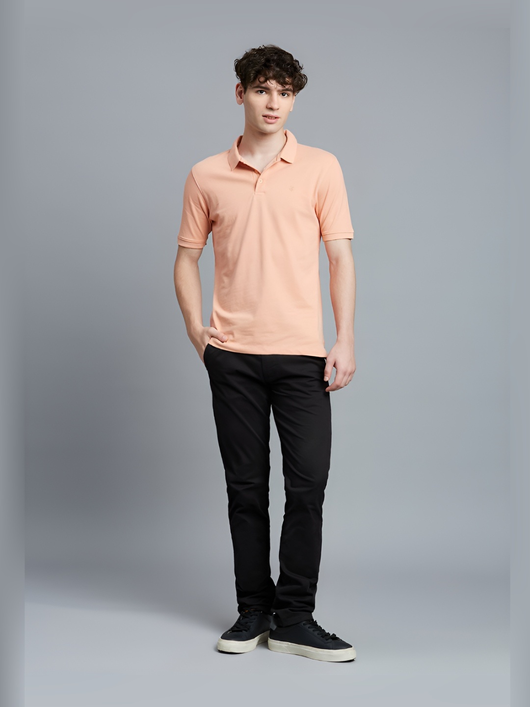 

Reid & Taylor Men Dyed Polo Collar Pockets Slim Fit T-shirt, Peach