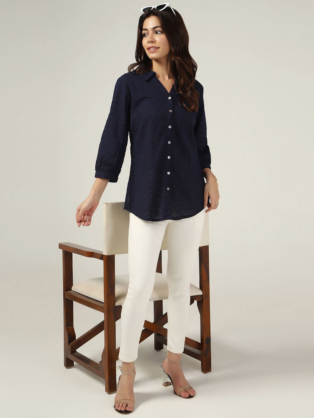 

Mustard Women Opaque Printed Casual Shirt, Navy blue