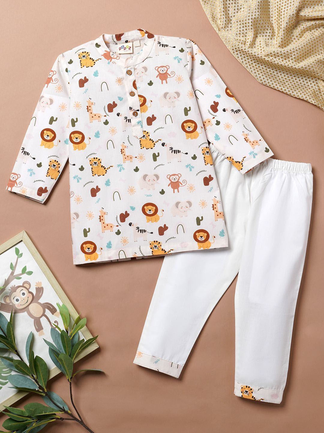 

Desi Soota Boys Animal Printed Regular Pure Cotton Kurta with Trousers, White