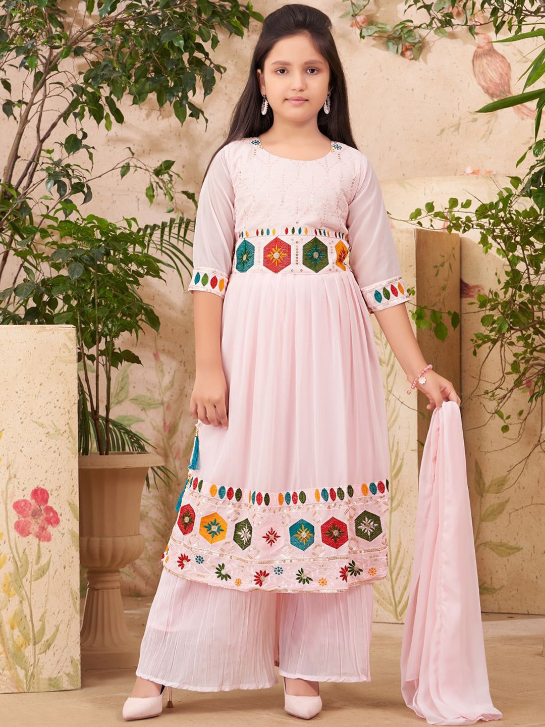 

BAESD Girls Embroidered Regular Thread Work Kurta with Sharara & With Dupatta, Pink