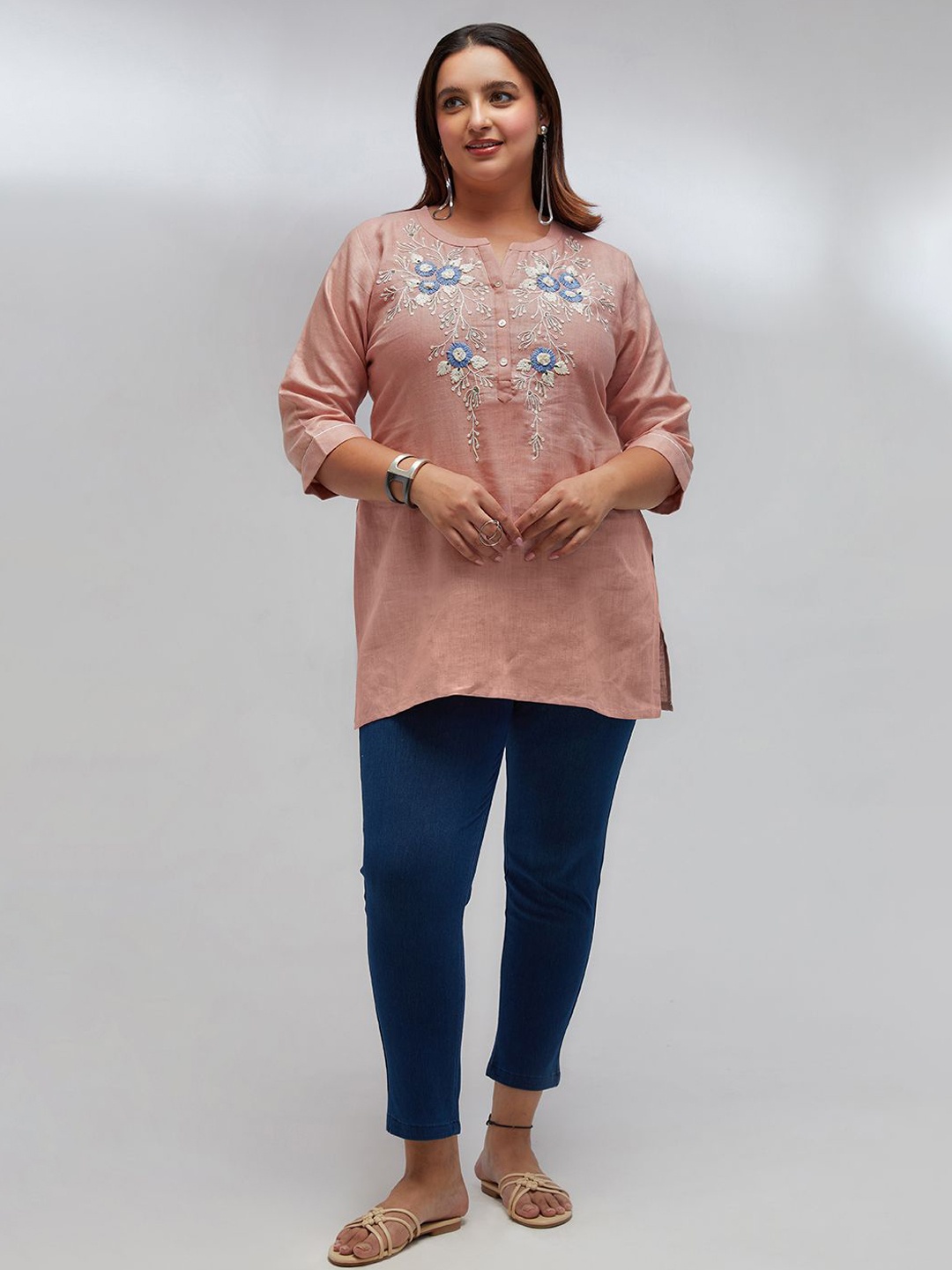 

Presence Floral Embroidered Mandarin Collar Linen Top, Pink