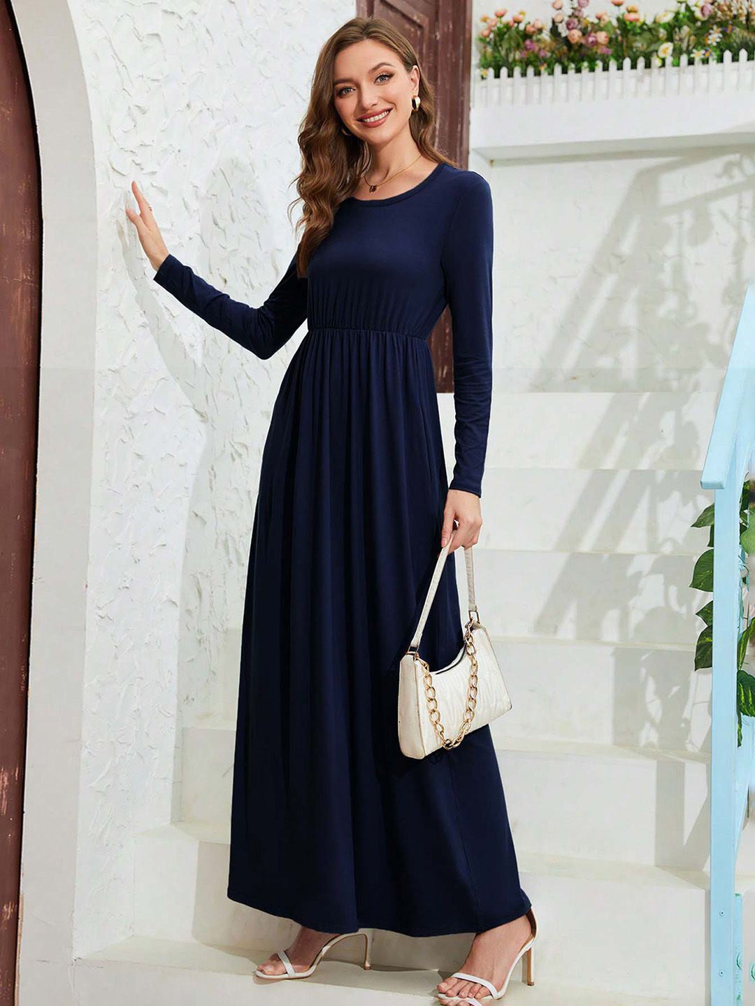 

JC Mode Women Round Neck Long Sleeves Gown Dress, Navy blue