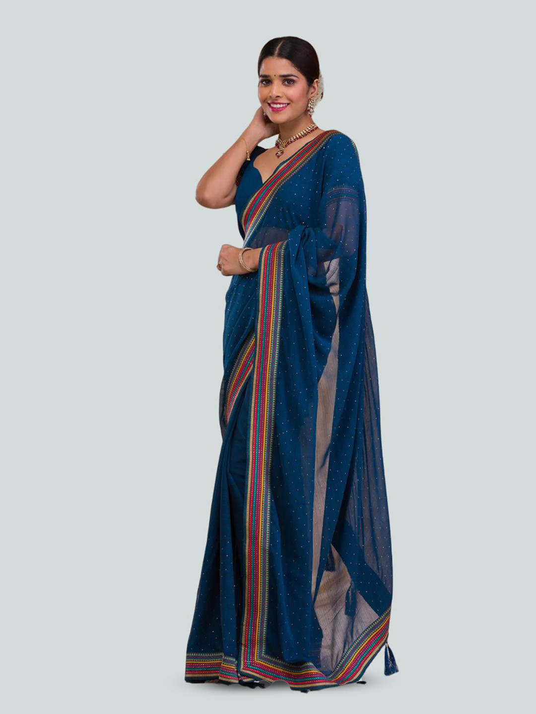 

SWADESI STUFF Embellished Pure Georgette Saree, Navy blue