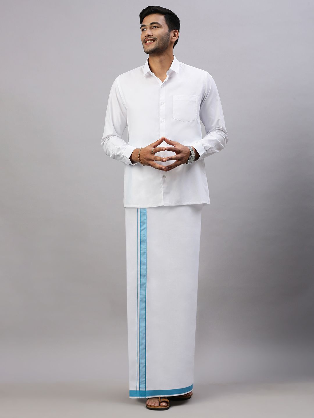 

Ramraj Men Solid Formal Cotton Blend Shirt with Dhoti, White