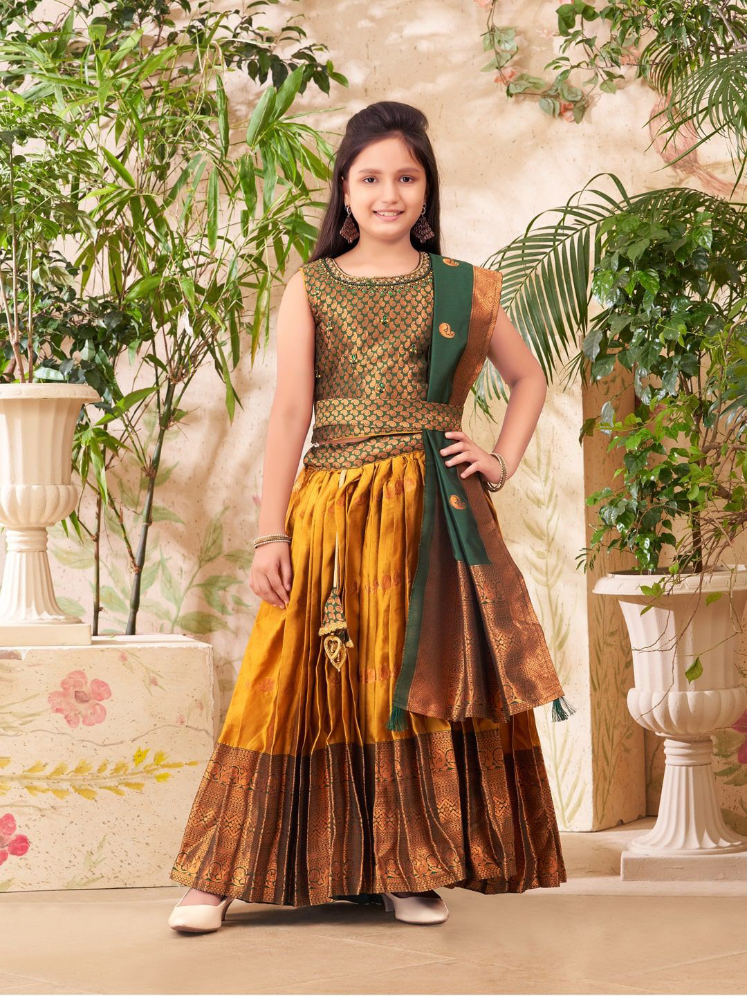 

BAESD Girls Embroidered Beads and Stones Ready to Wear Lehenga & Blouse With Dupatta, Green