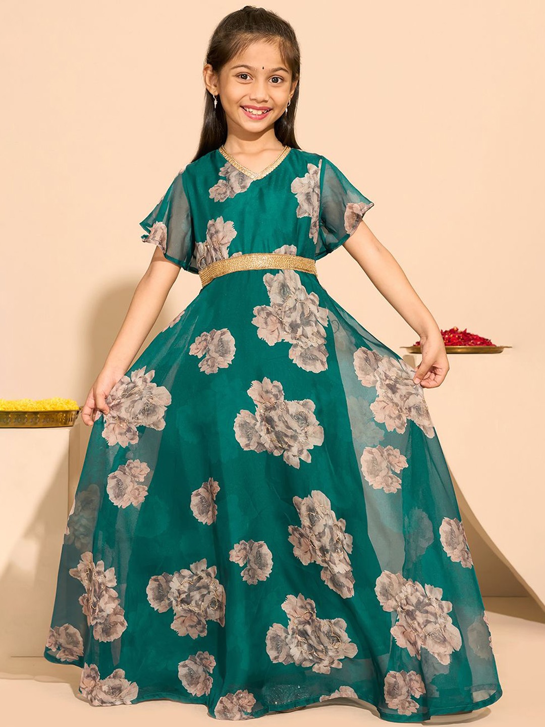 

Maybell Girls Floral Printed Maxi Silk Ethnic Dress, Green