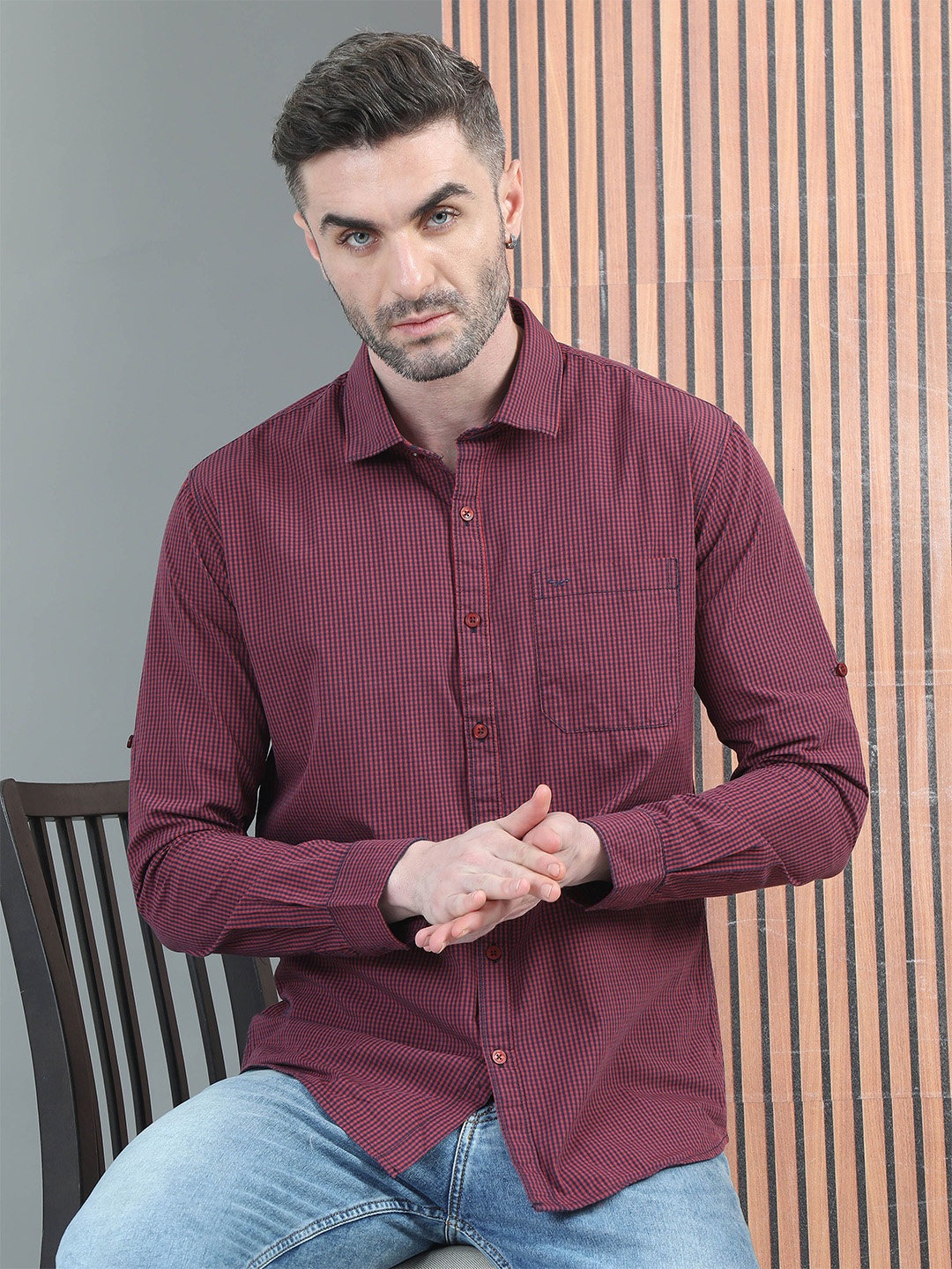 

RIGS AND RAGS Men Classic Micro Checks Opaque Checked Casual Shirt, Red