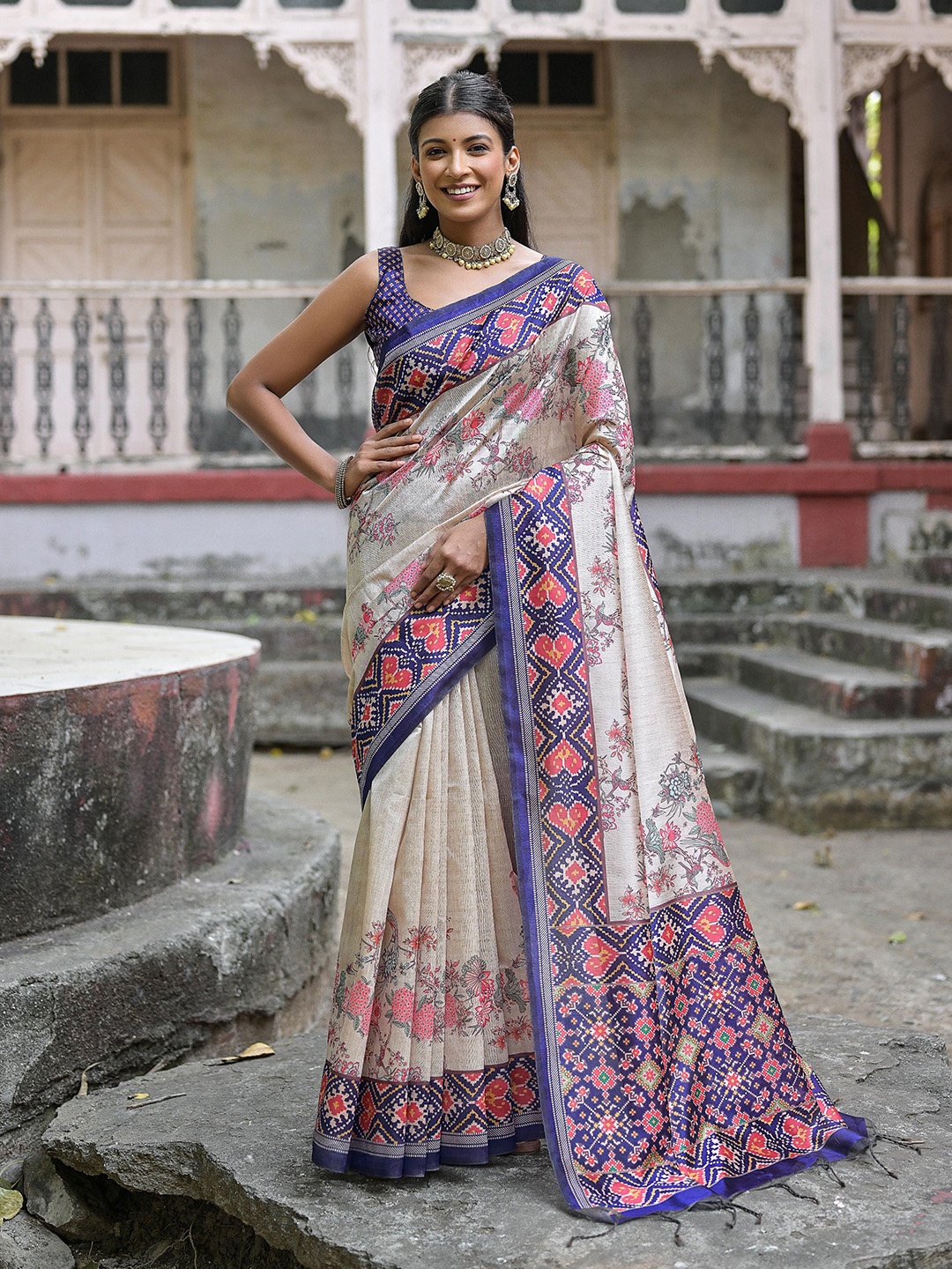 

Jinal & Jinal Floral Silk Cotton Patola Saree, Blue