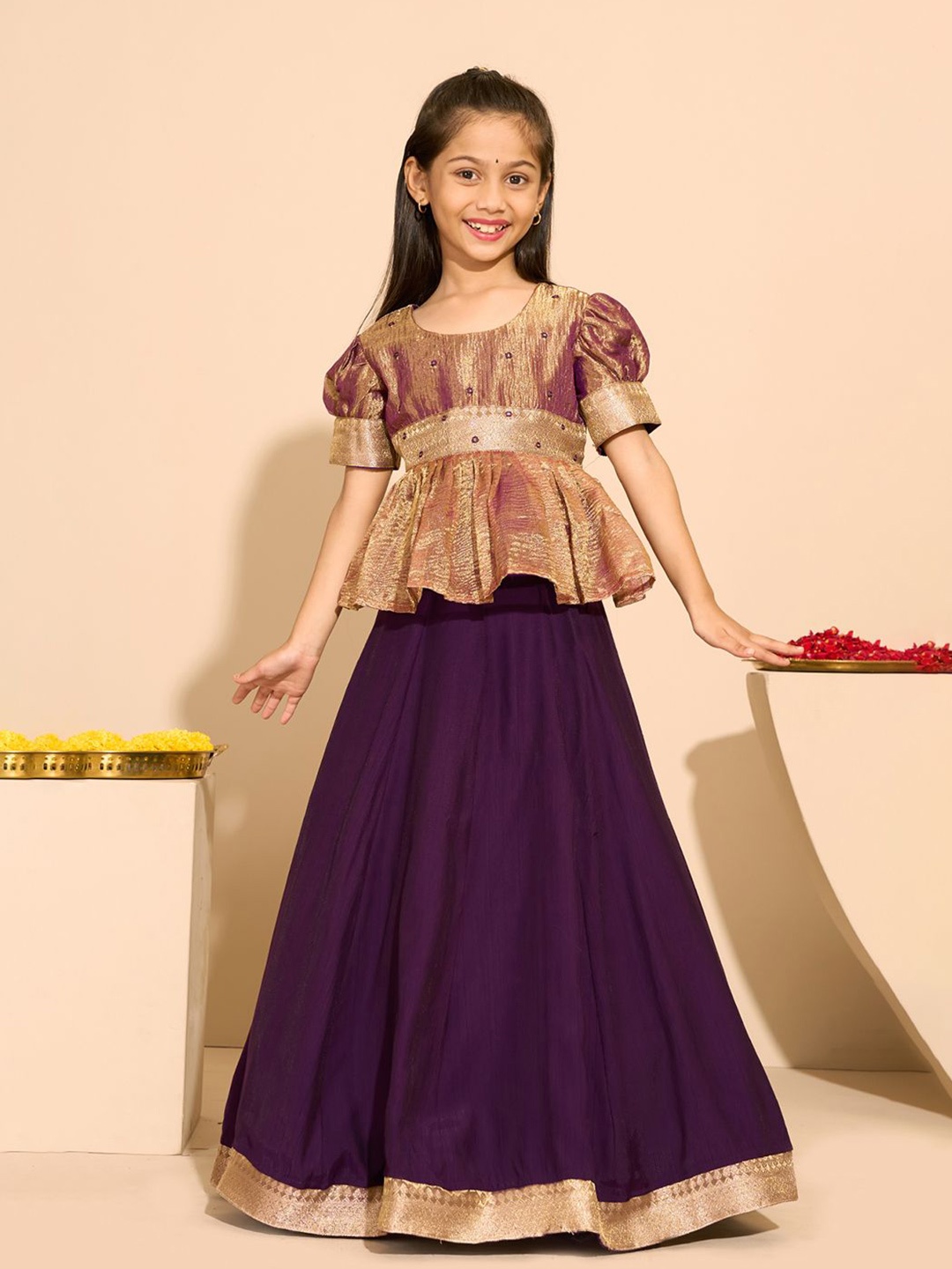 

Maybell Girls Embroidered Mirror Work Ready to Wear Lehenga &, Gold