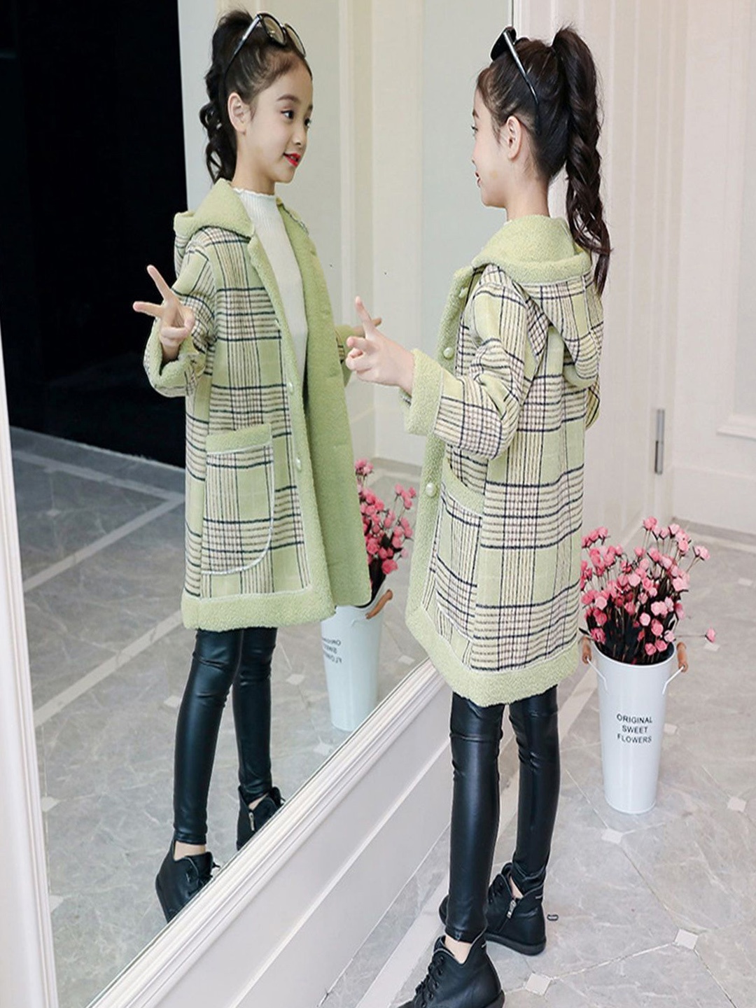 

Xsole Kids Checked Single Breasted Winter Overcoat, Green