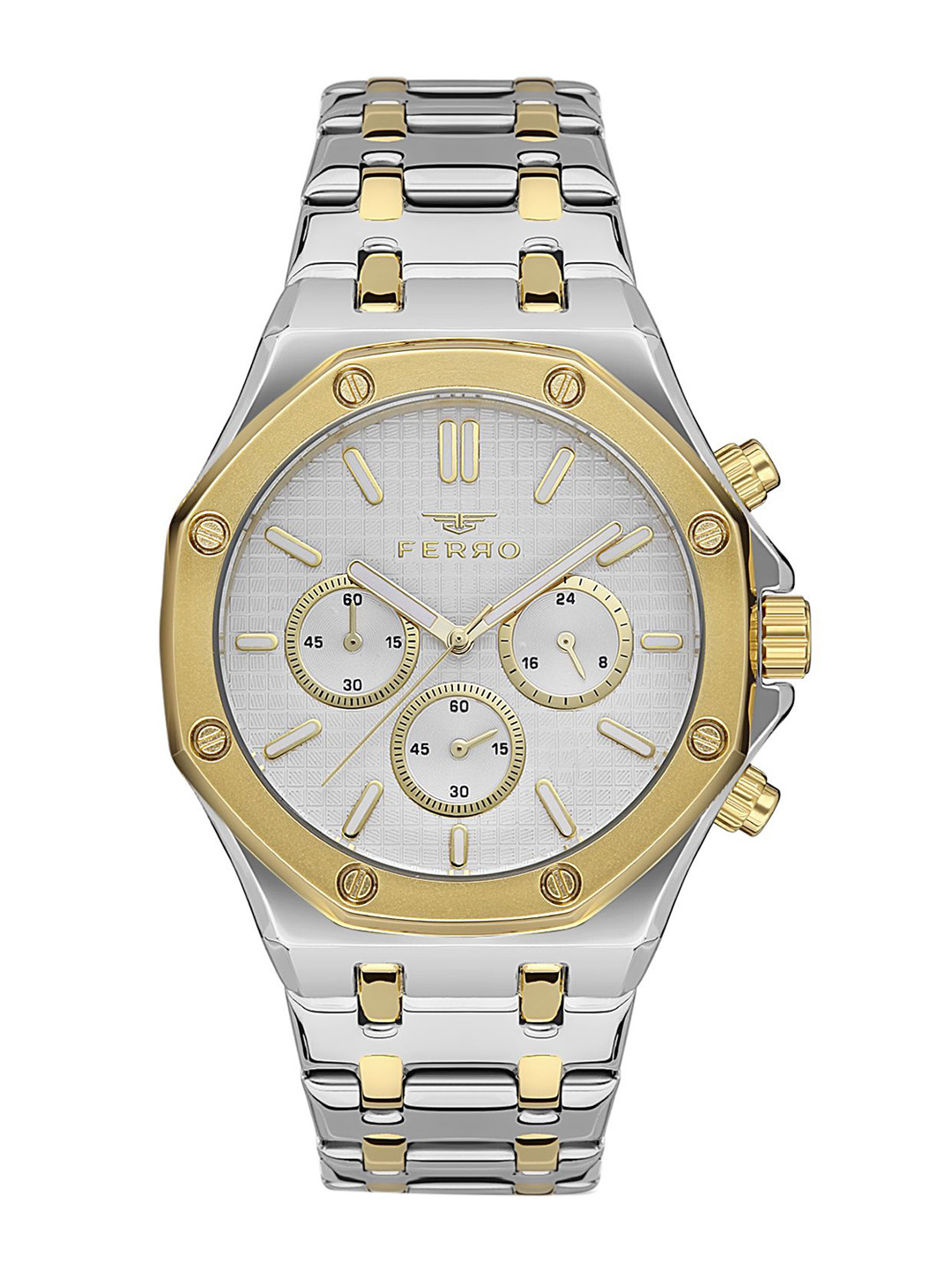 

Ferro Men Brass Dial & Stainless Steel Bracelet Style Straps Analogue Chronograph Watch FM11311A-D, Silver
