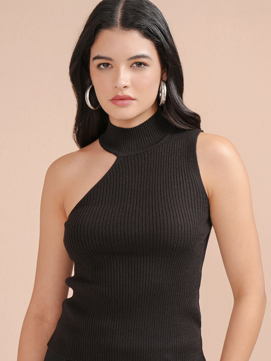 

CHIC BY TOKYO TALKIES Ribbed Skinny Fit High Neck Sleeveless Top, Black