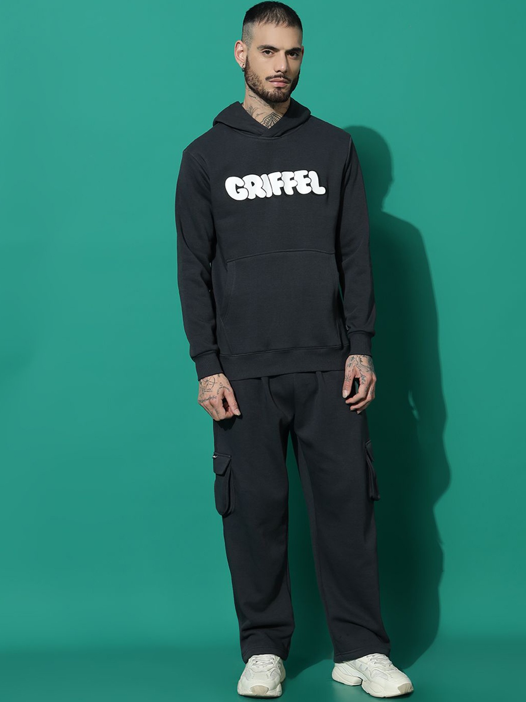 

GRIFFEL Men Brand Logo Printed Oversized Mid-Rise Hooded Long Sleeves Tracksuits, Charcoal