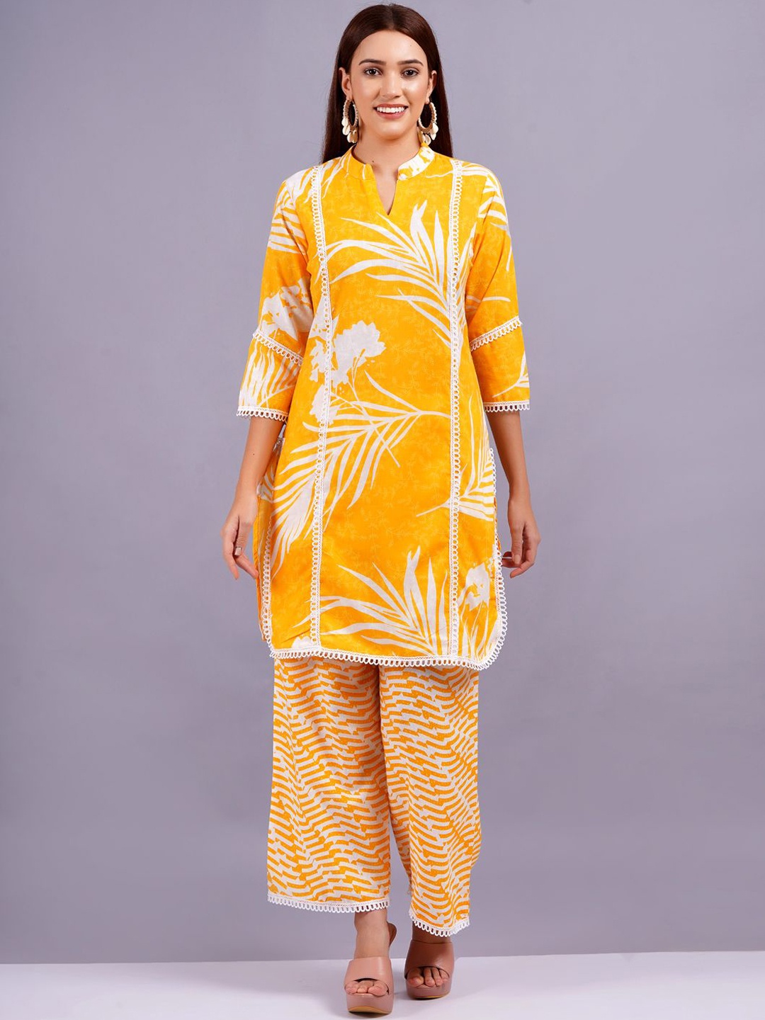 

JC4U Mandarin Collar Printed Pure Cotton Tunic with Trouser, Yellow