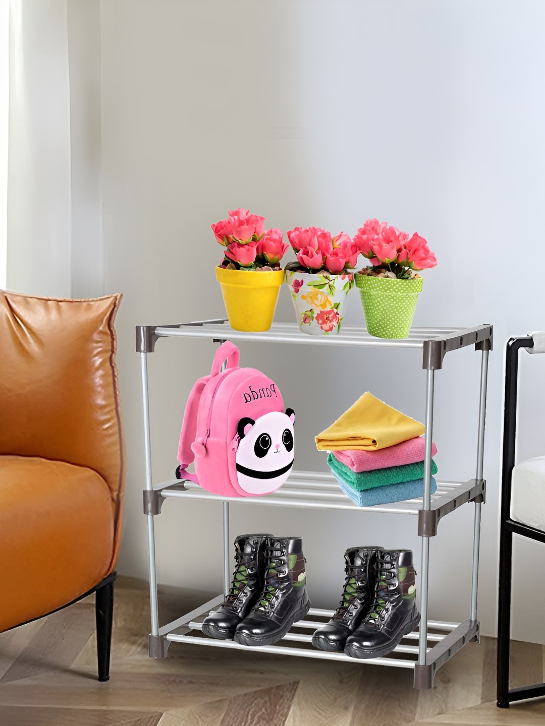 

Decent Hut Brown & Sliver 3 Shelves Foldable Wide Shoe Rack