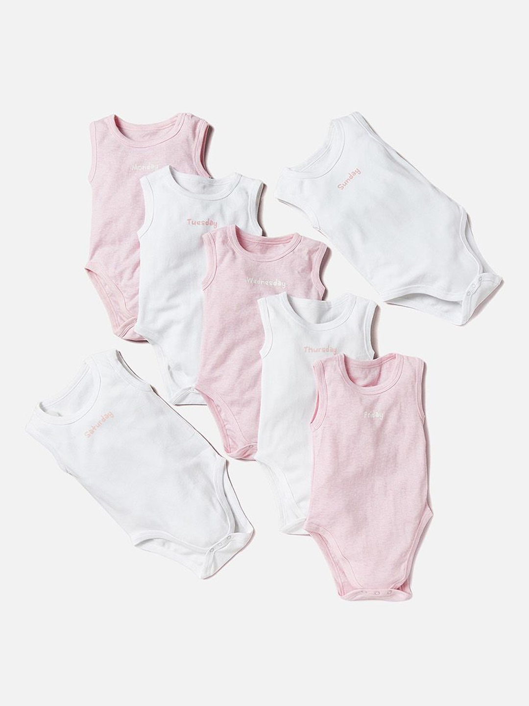 

Juniors by Babyshop Infant Girls Set Of 7 Pure Cotton Bodysuit, Pink