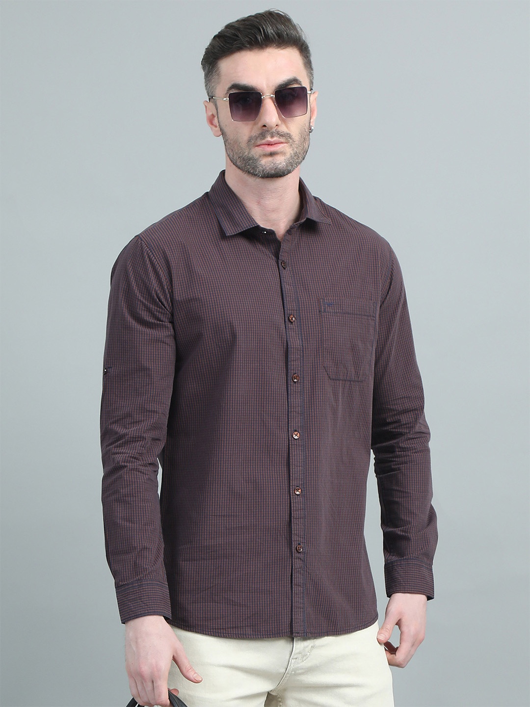 

RIGS AND RAGS Men Classic Micro Checks Opaque Checked Casual Shirt, Maroon