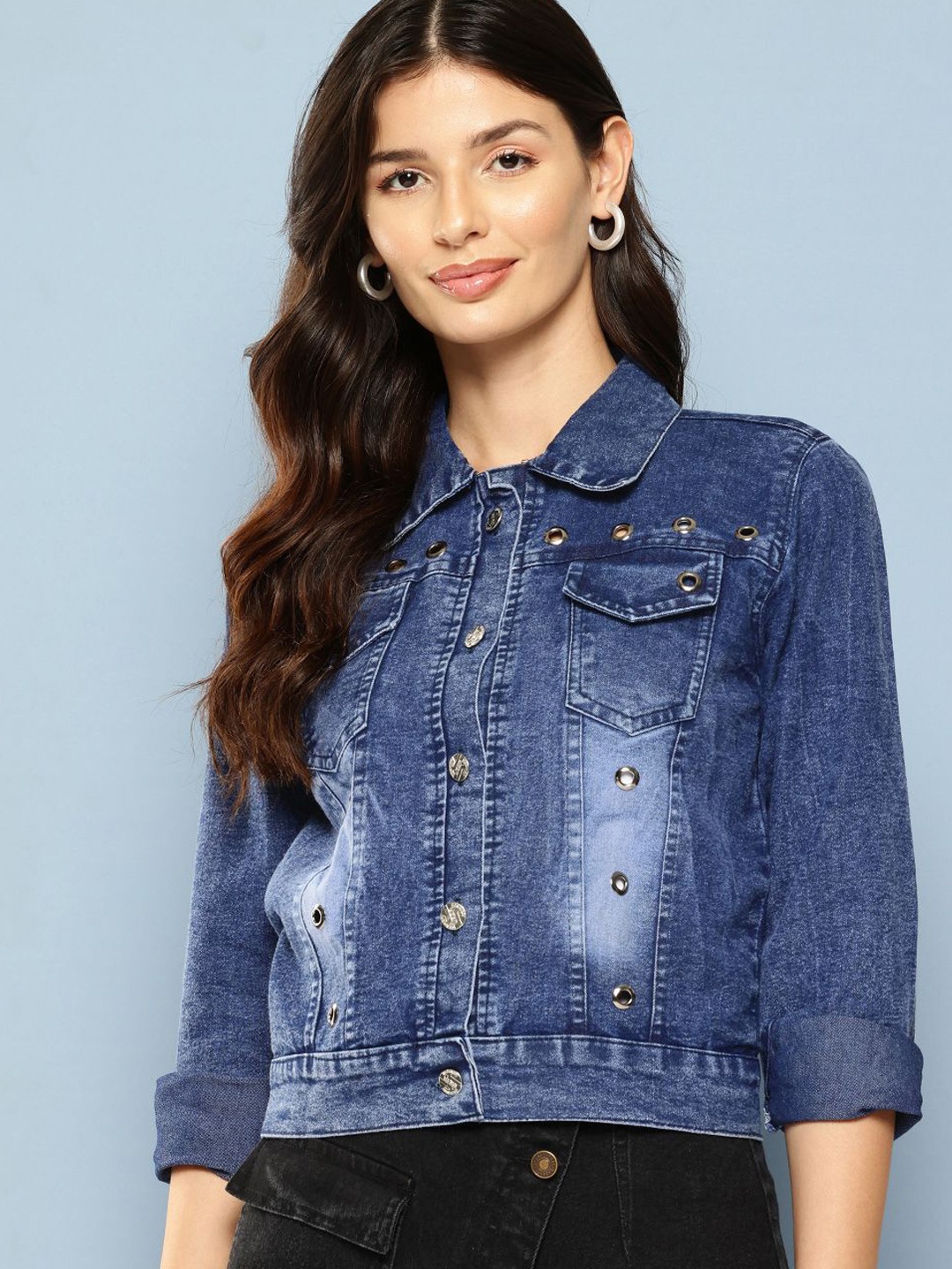 

BAESD Women Washed Cotton Lightweight Crop Denim Jacket with Embroidered, Navy blue