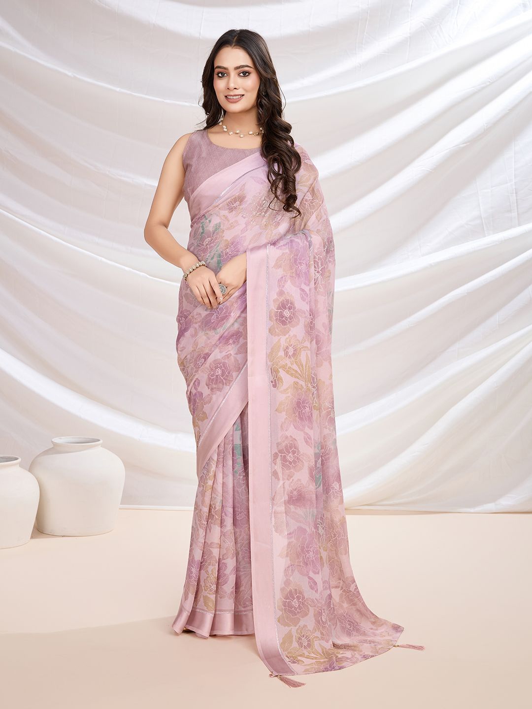 

KALINI Floral Pure Georgette Designer Saree, Pink