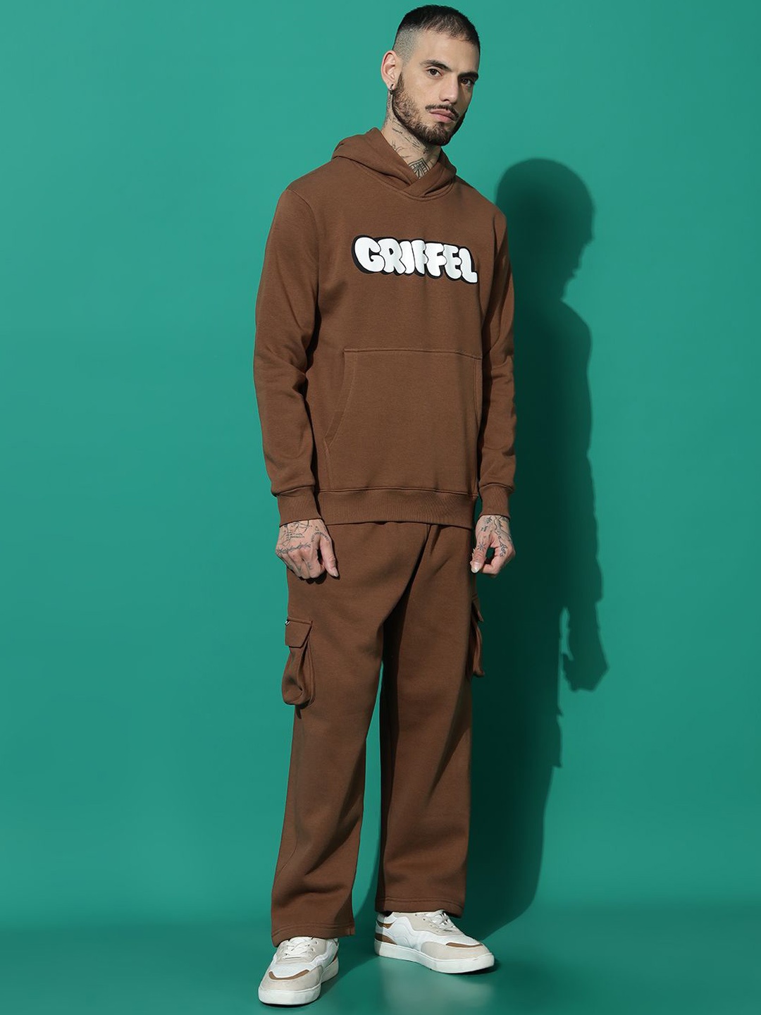 

GRIFFEL Men Printed Hooded Tracksuit, Coffee brown