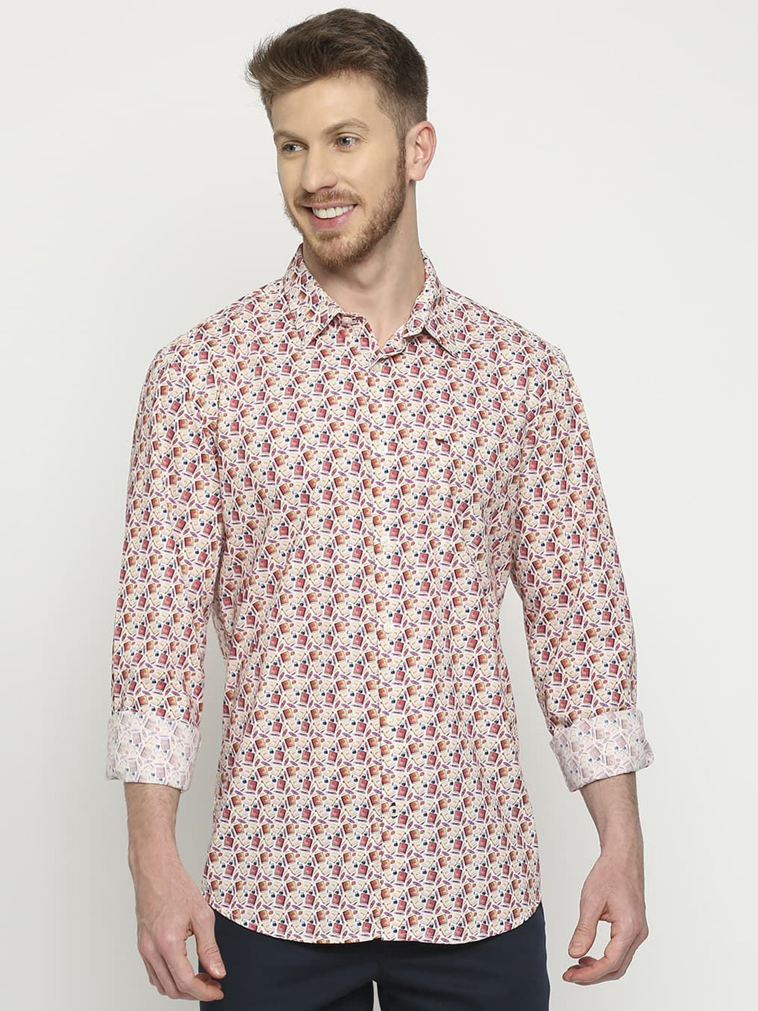 

Basics Men Slim Fit Opaque Printed Casual Shirt, Pink